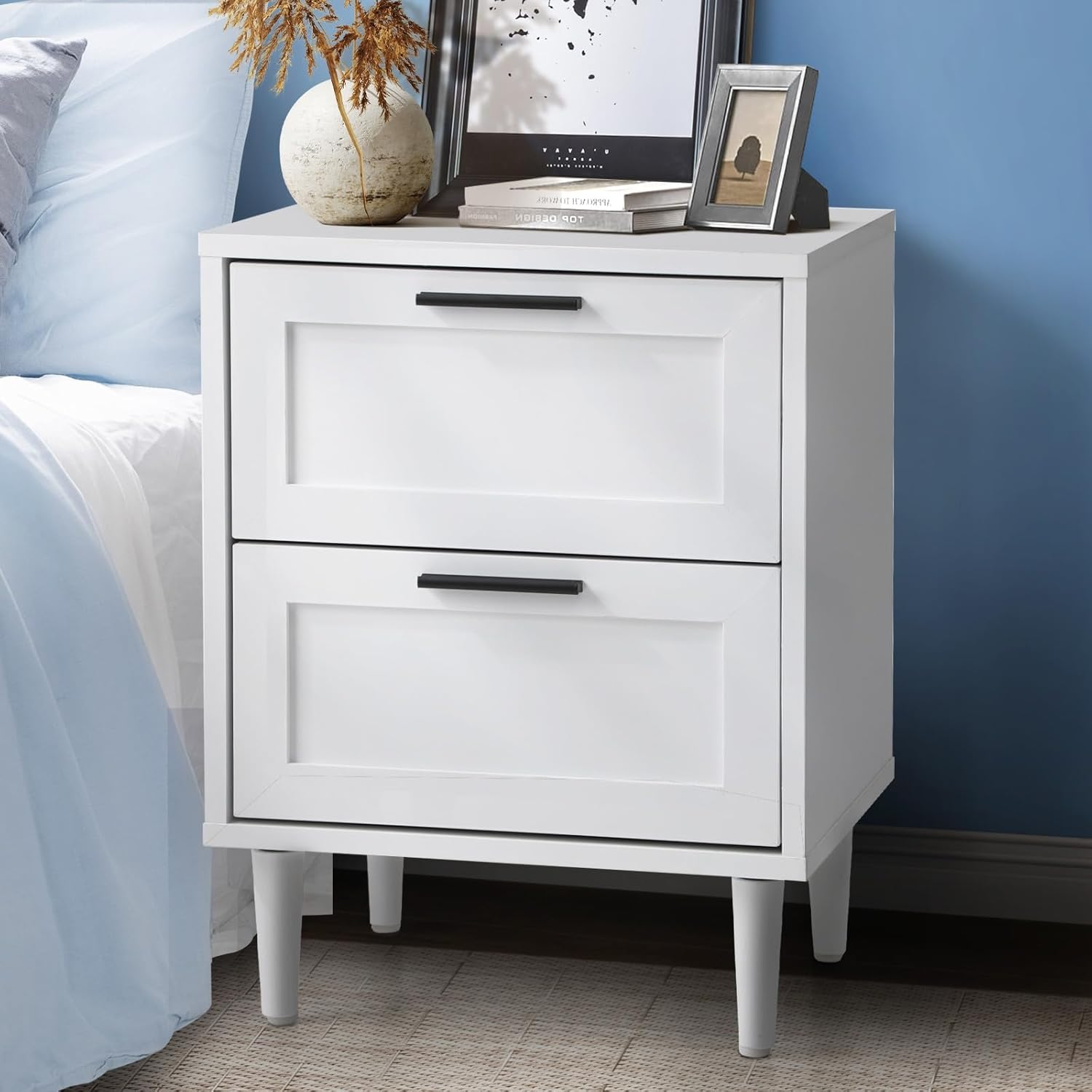 Oikiture Bedside Table with 2 Drawers, Wooden Side Table Nightstand Storage Cabinet White