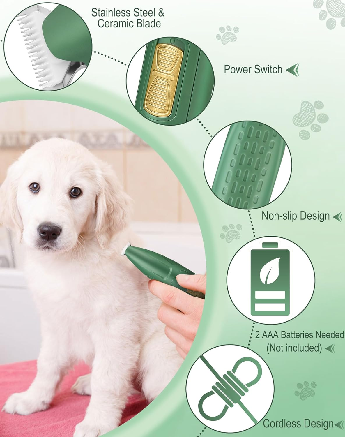 LEYOUFU Dog Paw Trimmer for Grooming, Cordless Small Pet Hair Grooming Clippers Low Noise Dog Clipper Shaver for Grooming Cat'S Dog'S Hair around Paws, Eyes, Ears, Face, Rump (Green) image number 6