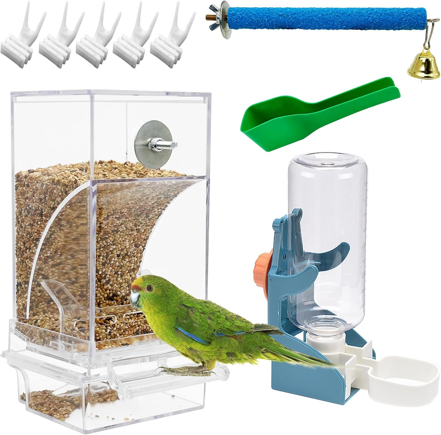 No Mess Bird Feeder Water Dispenser Set of 9 Automatic Parrot Feeder Drinker Acrylic Adjustable Parakeet Seed Food Container Cage Accessories for Lovebirds Finches Budgies Canaries image number 2