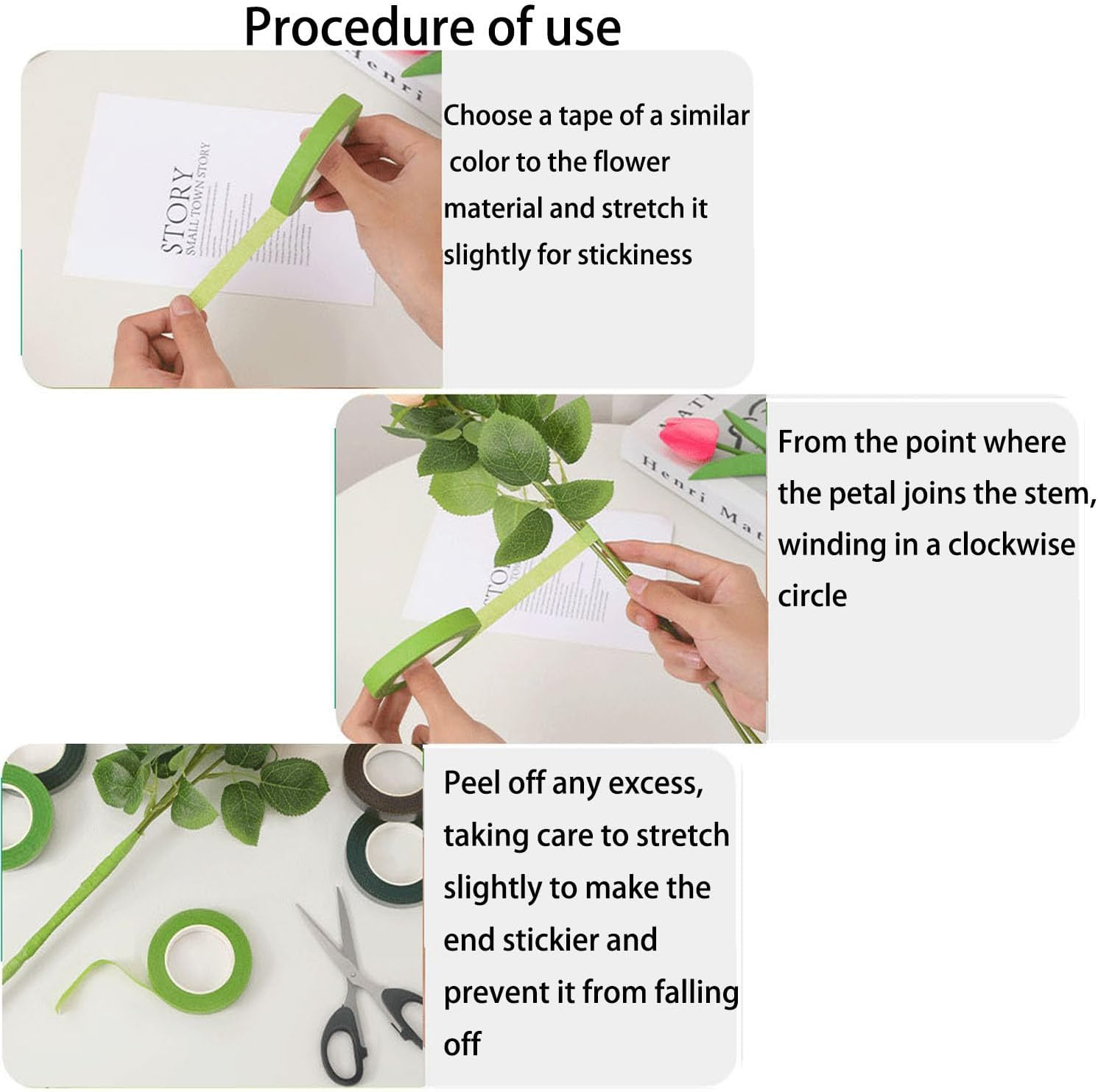 4-Rolls Bouquet Stem Wrapping Tape,4 Pieces of Floral Tape Different Shades of Green,For Stem Wrap DIY Floral Crafts, Wedding Bouquet(30 Yards) image number 5