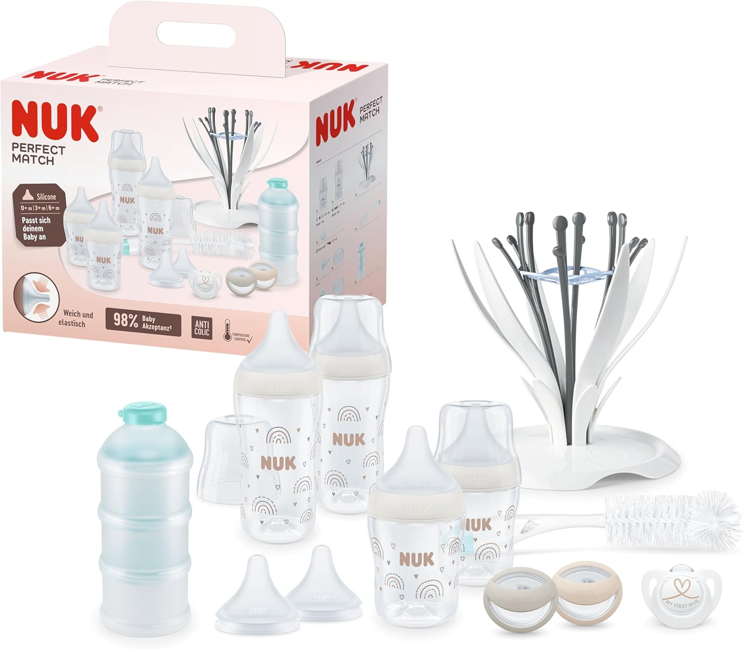 NUK Perfect Match Starter Set | 0+ Months | 4 X anti Colic Baby Bottles, Dummies, Bottle Brush, Drying Rack & More | Rainbow | 13 Count image number 5