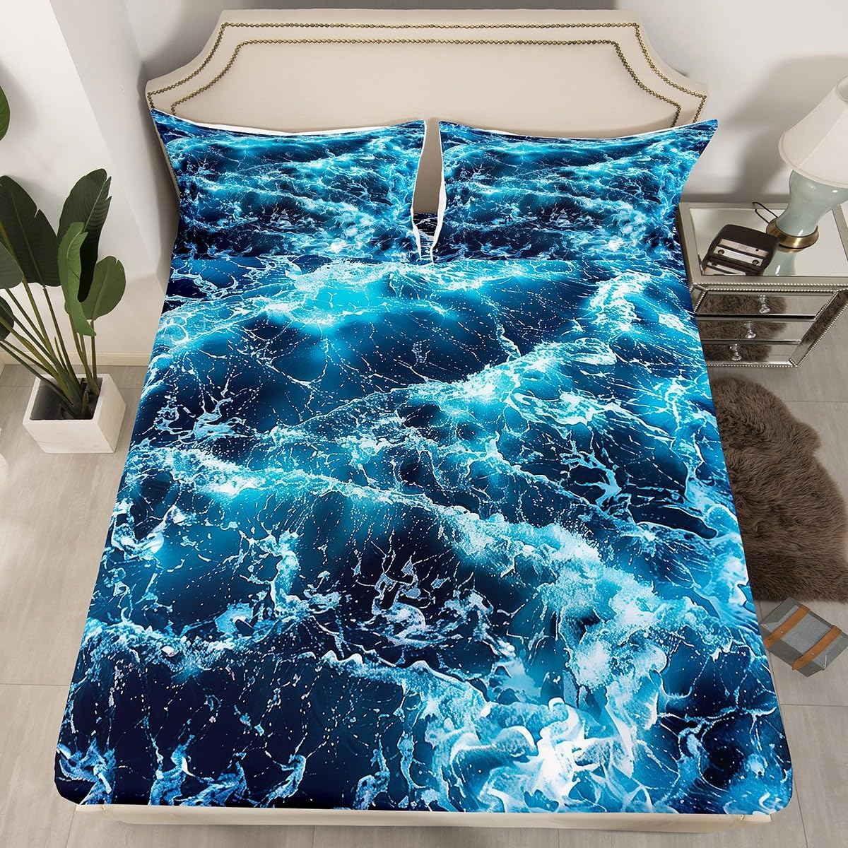 Dinosaur Fitted Sheet Queen Size Kids Bedding Set Cartoon Dinosaur Fitted Sheet for Boys Children Colorful Bedroom Decor Ancient Jungle Animals Bed Cover Tropical Hawaiian Palm Leaf Bed Set Blue image number 3