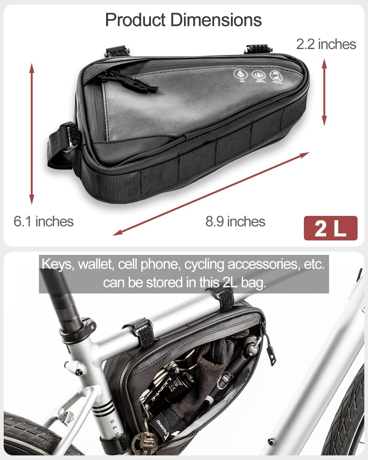Danuosie Bike Frame Bag, Water-Resistant Bike Triangle Bag, Bicycle Tube Storage Pouch, Cycling Accessories Pack for Phone, Wallet, Keys, Tools, Use for Mountain Road Bike Trip Commute Bicycle Bike image number 3