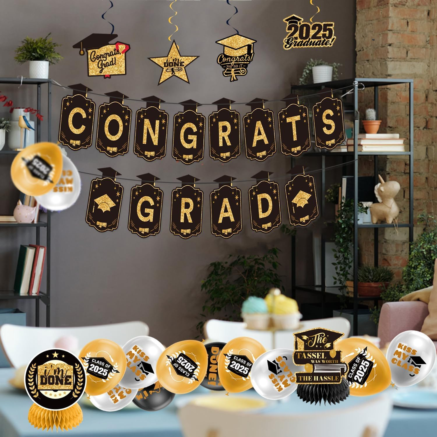 Graduation Decorations Class of 2025 Gold Themed Set, Backdrop Banner, Hanging Swirl, Balloons and Honeycomb Supplies for Graduation Party image number 4
