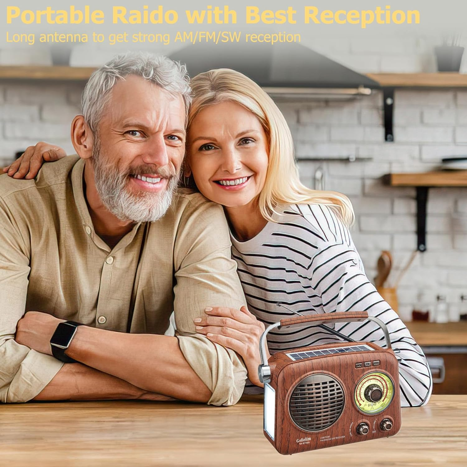 Gelielim Portable Radio Retro, AM FM Shortable Radio with Best Reception, Small Vintage Radio with Bluetooth Speaker, Rechargeable/Solar/Battery Radio, Supports TF Card/Usb Player, Emergency Torch image number 4