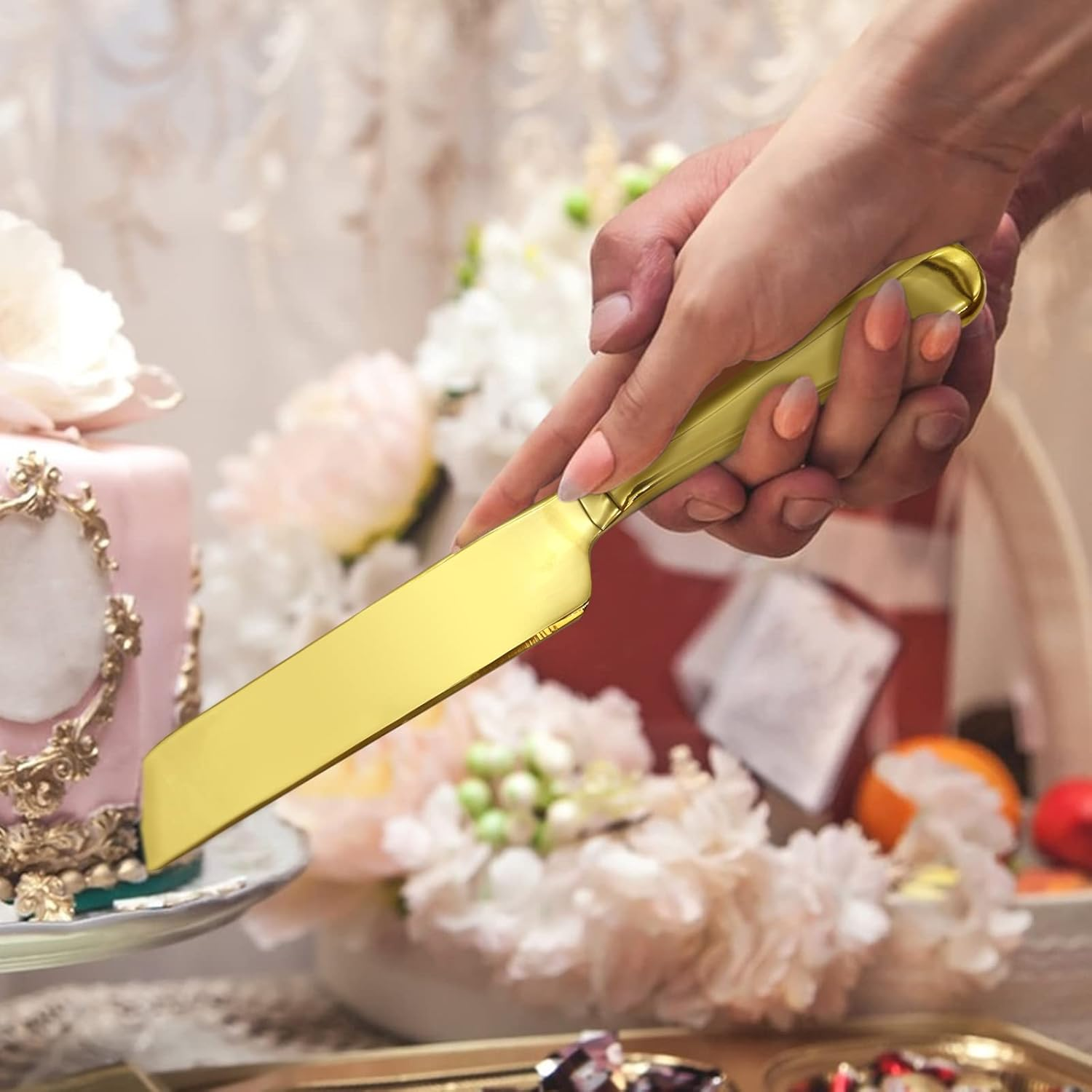 Cake Cutting Set for Wedding 2 Pcs Gold Stainless Steel Cake Knife and Server Set Elegant Cake Knife Wedding Decor Cake Stand for Birthday Anniversary image number 1