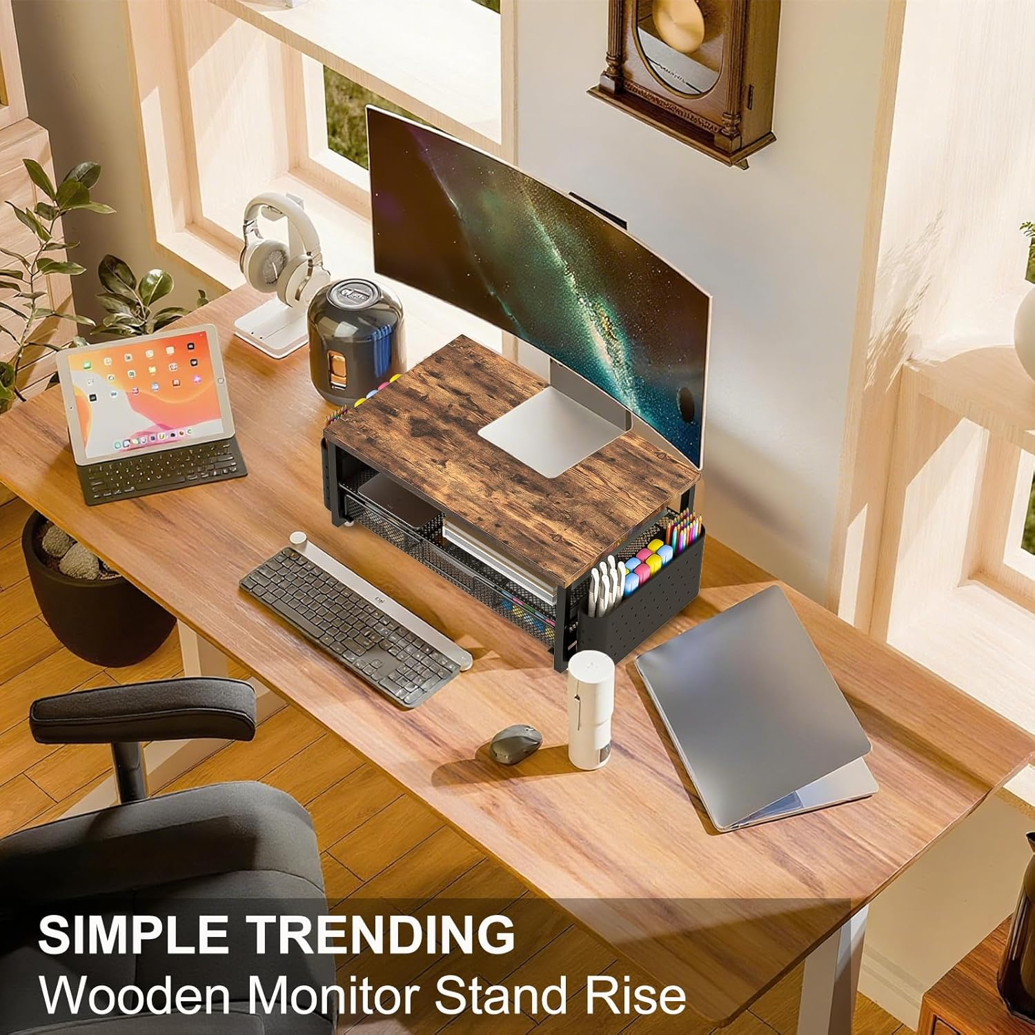 2 Tier Monitor Stand, 16 Inches Monitor Stand Riser with Drawer & 2 Pen Holders, Wooden Desktop Monitor Stand for Tv/Screen/Computer/Laptop image number 4