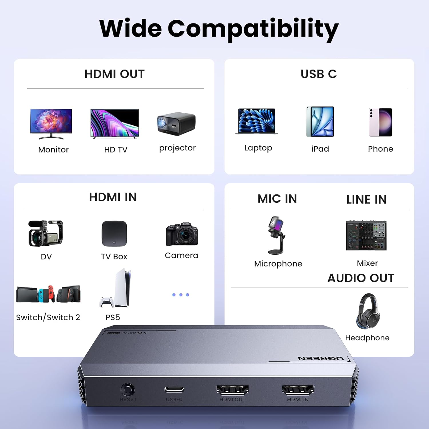 UGREEN 4K 60FPS HDMI Video Capture Card, Ultra HD 1080P@240Hz Low Latency Passthrough Support VRR HDR for Streaming, Recording, Gaming Compatible with Ipad, Switch, PS5, Xbox, PC, Mac