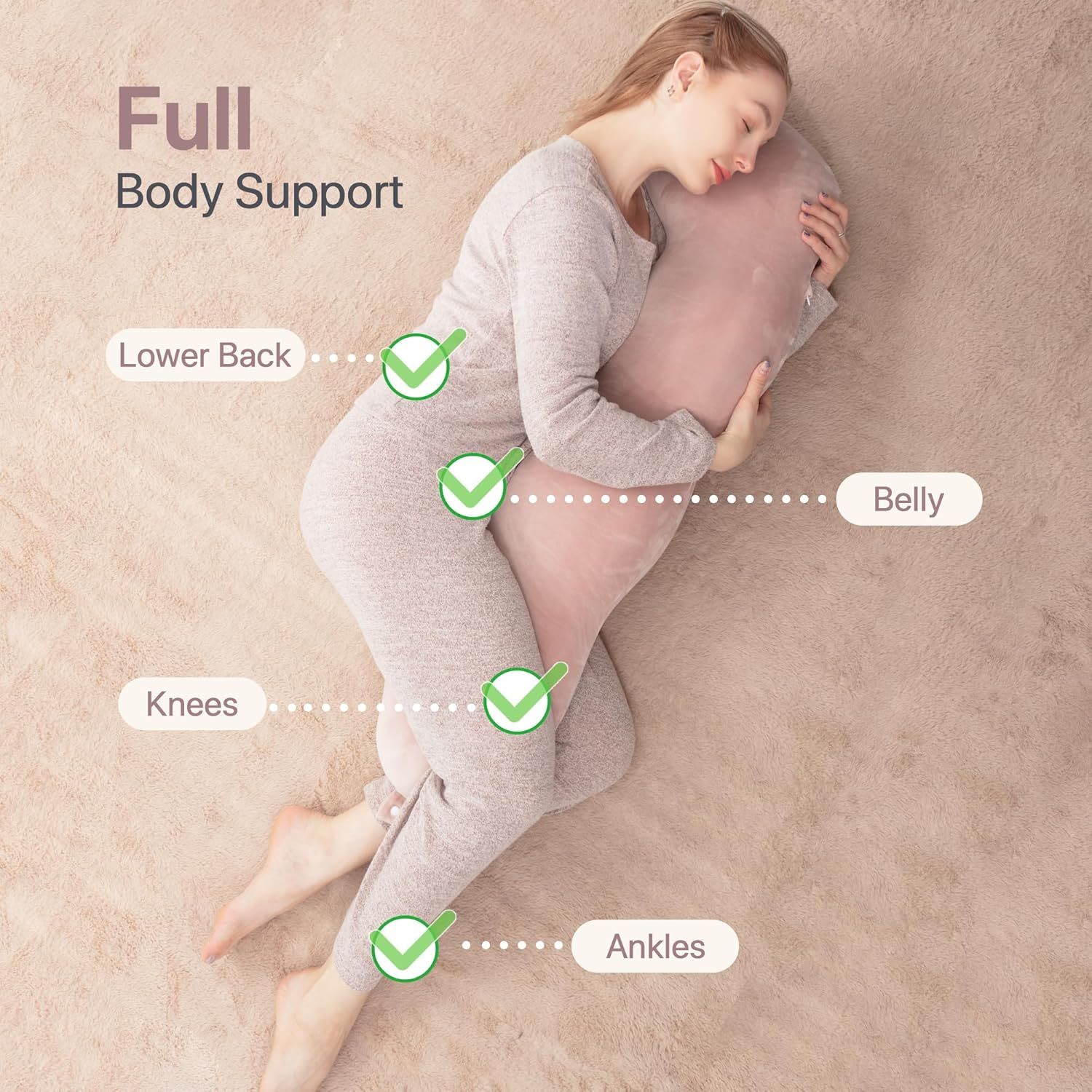 Texstead Pea Body Pillow for Side Sleepers, Hugpillow Cuddle Pillows for Adults,Memory Foam Hug Pillow 109X43Cm Pink - Grey image number 3