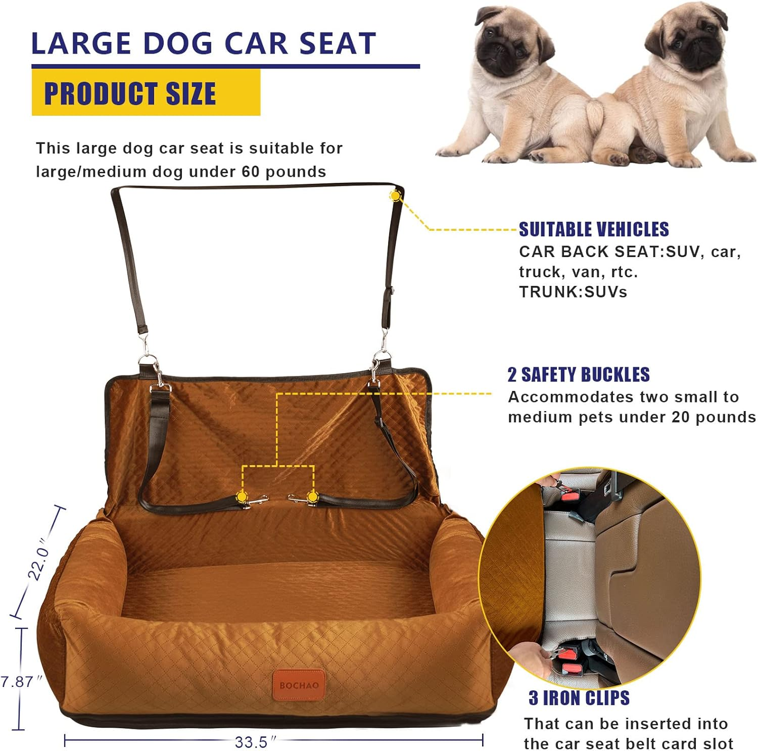 BOCHAO Dog Car Seat for Large/Medium Sized Dogs,Dog Car Travel Bed Dog Seats Made,Comfortable and Safe;Multipurpose Design-Can Be Converted into a Dog Bed or a Dog Sofa Cushion,With Dog Blanket.