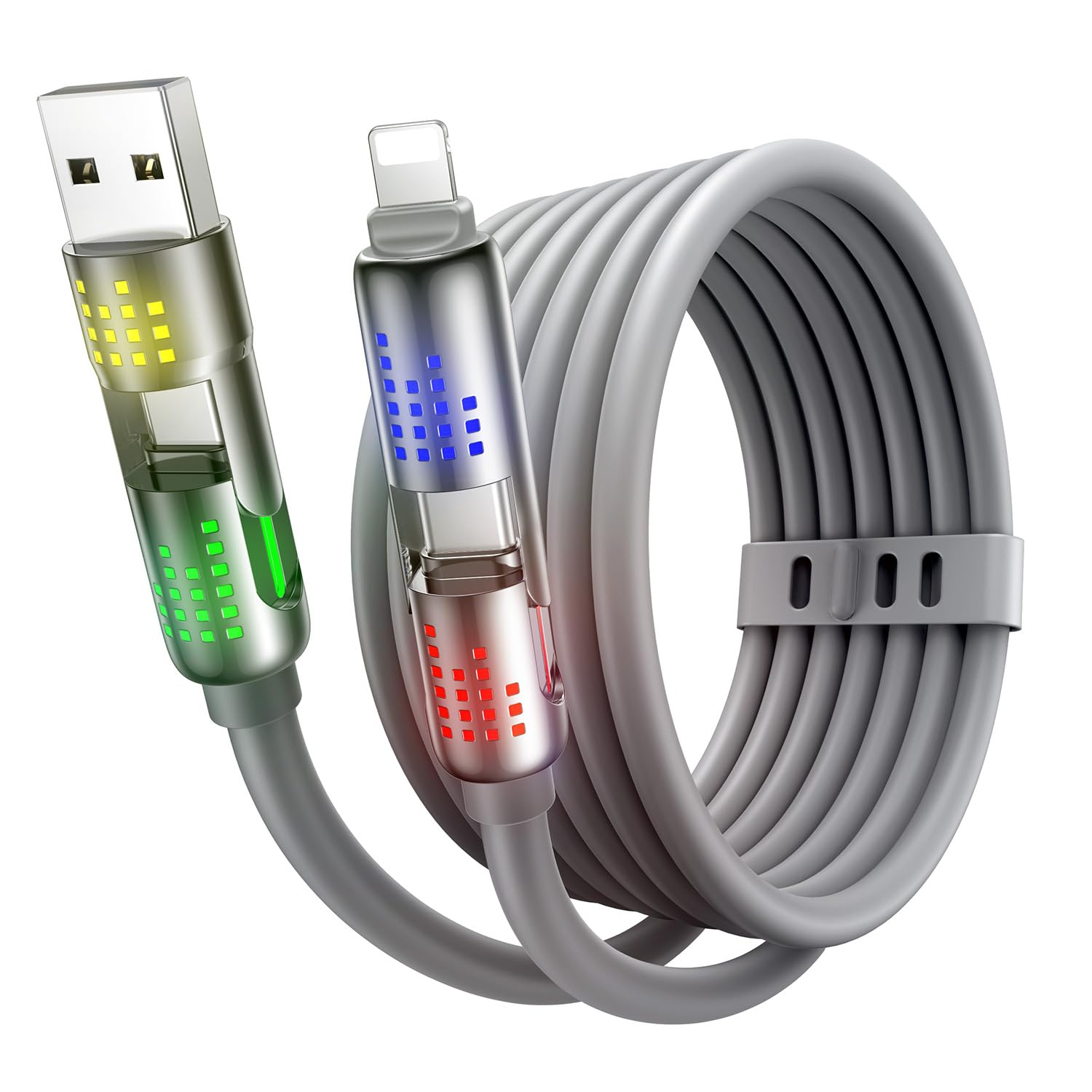 MAGIC JOHN 240W 4 in 1 USB C Cable, USB Charging Cable with Breathing Light, Fast Charging & Data Sync Silicone Multi Charging Cable for Iphone Ipad Samsung Laptop Multi Device Charging, 1.2M (Gray)