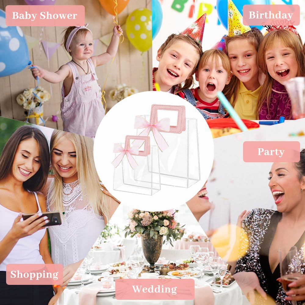 15 Pcs Clear Gift Bags with Handles, Transparent PVC Gift Bag with Ribbon, Reusable Plastic Shopping Bags, Heavy Duty Gift Wrap Bags for Bridal Party Baby Shower Wedding Birthday, 7X8X4In image number 1