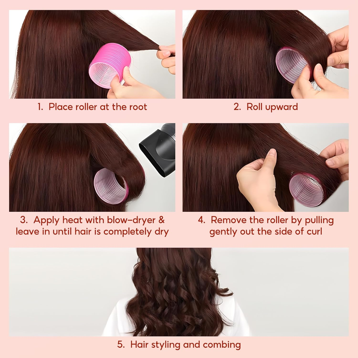 18 Pcs Thermal Hair Rollers,Ceramic Thermal Hair Rollers Curlers for Blowout Look Long Hair Volume,Jumbo Self Grip Rollers Hair Curlers for Long Short for Women(Pink)