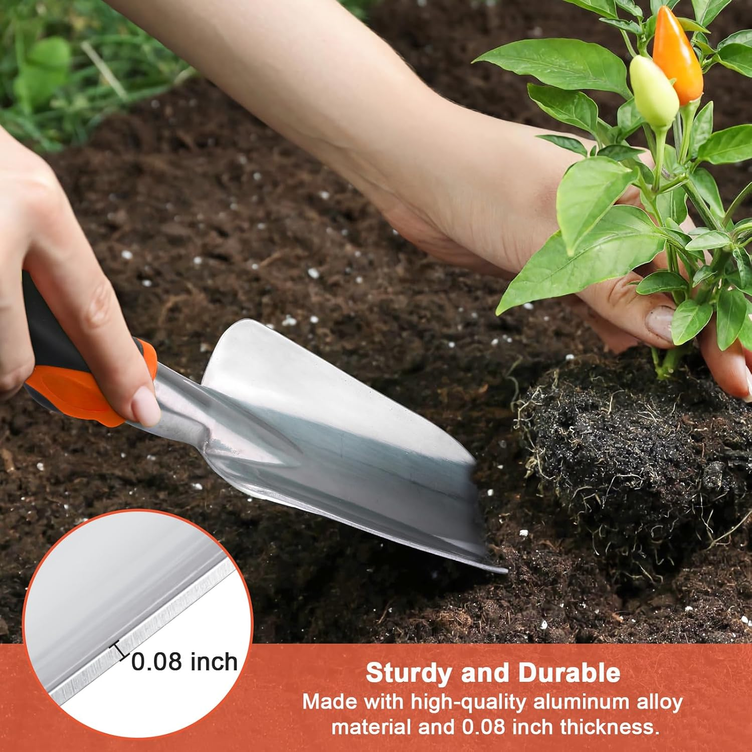 Garden Shovel Garden Hand Trowel, Heavy Duty Hand Shovel with Ergonomic Handle, Small Gardening Tools for Digging, Rust Resistant Gardening Spade Trowel Tools, Orange image number 4