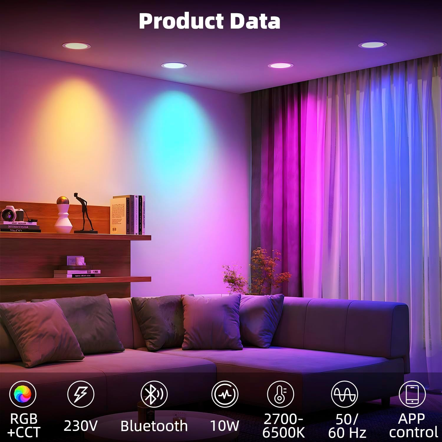 Arotelicht 10W Smart Recessed Downlight, Dimmable RGBW CCT 2700K-6500K, Bluetooth APP Control, 90-100Mm Cutout, 10W 700LM Eye Protection LED Ceiling Lights for Bedroom (RGB+CCT)