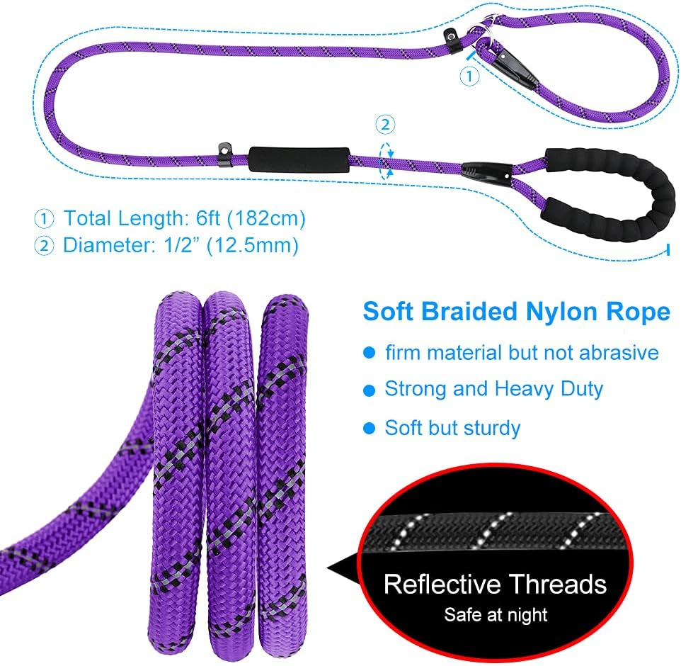 PLUTUS PET Slip Lead Dog Leash - Anti-Choking with Traffic Padded Two Handles, Reflective Strong Sturdy Heavy Duty Rope, 6FT Training for Medium Large Dogs, 6' Violet image number 3