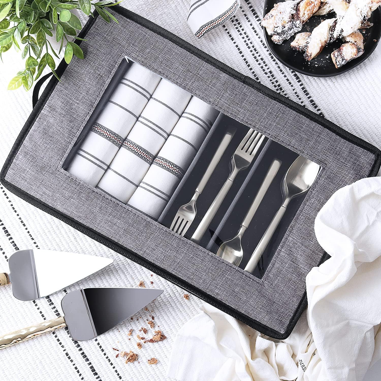 Flatware & Utensil Storage - Durable Silverware Storage Box with Padded Dividers, 5 Compartment Flatware Storage Case, Silverware Case with Handles and Removable Lid - Protects and Organizes Cutlery