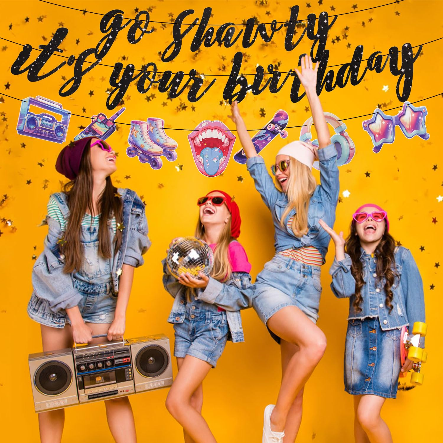 Go Shawty It'S Your Birthday Banner, Music Theme Birthday Banner Birthday Decorations Black Pre-Assembled Reusable Shiny Black Happy Birthday Banner for Birthday Parties image number 4
