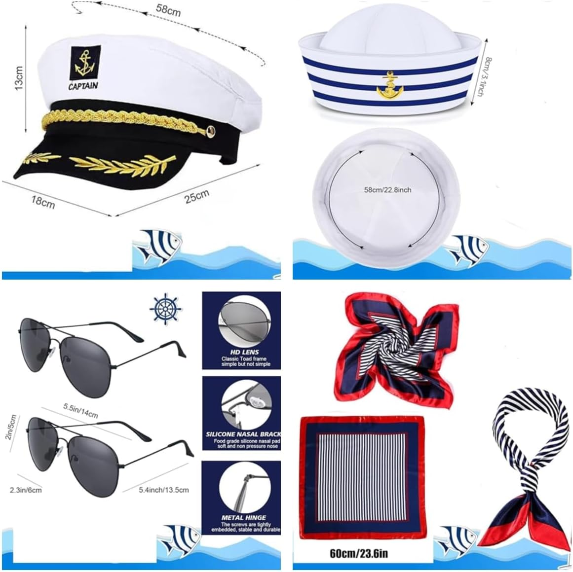 Yacht Captain Hat Sailor Ship Cap Scarf Sunglasses Sailor Hat Boat Costume for Men Women Captains Dressing up Party image number 1