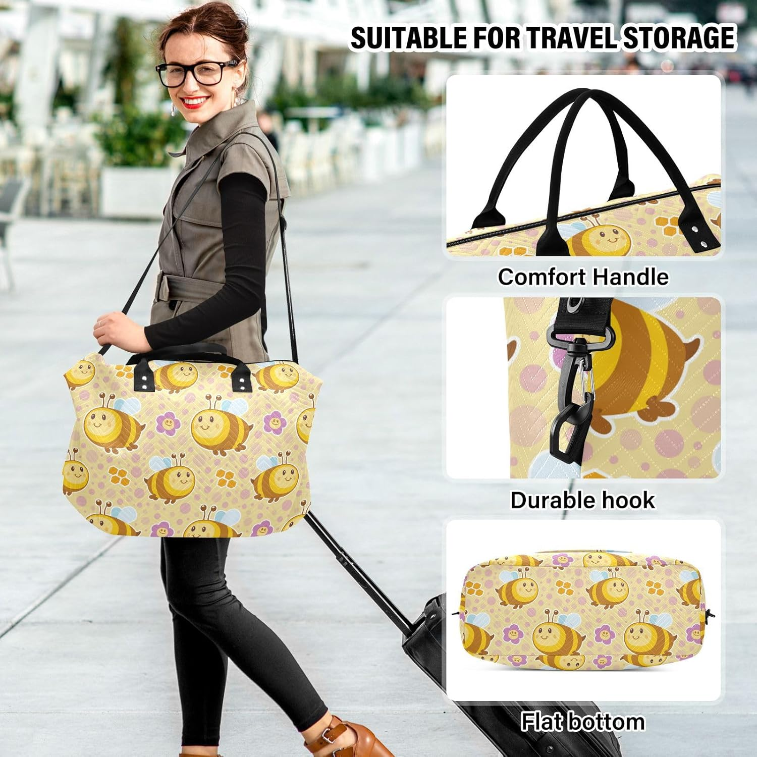 Travel Hand Bag Travel Weekender Gear Bag Cute Bees Happy Good Luck and Flowers Yellow Sport Training Bag With, Cute Bees Happy Good Luck and Flowers Yellow, Set of 2, Art Deco image number 1