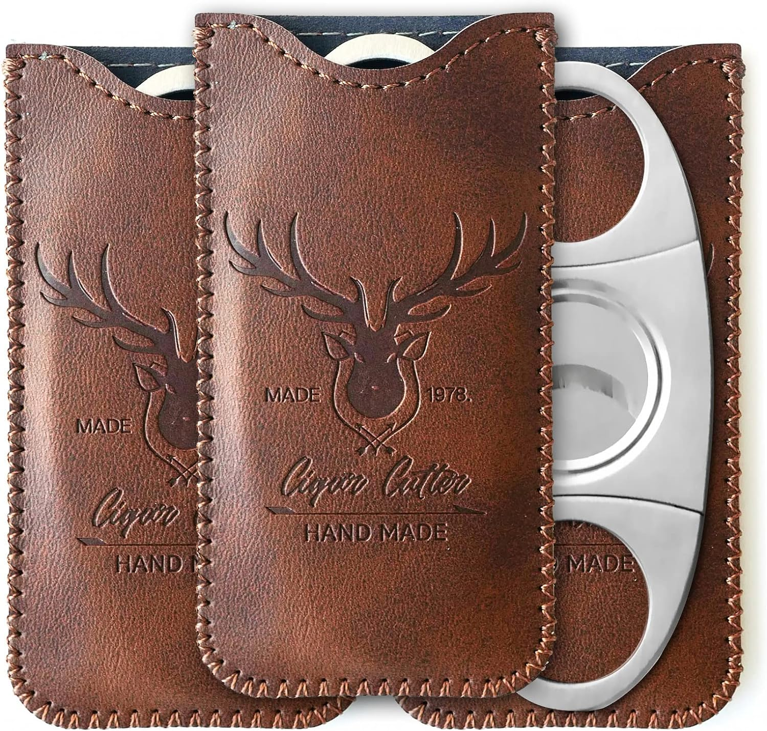 Stainless Steel Cigar Cutter with Leather Case,Double Blade for a Precise Perfect Cut(Brown Deer)