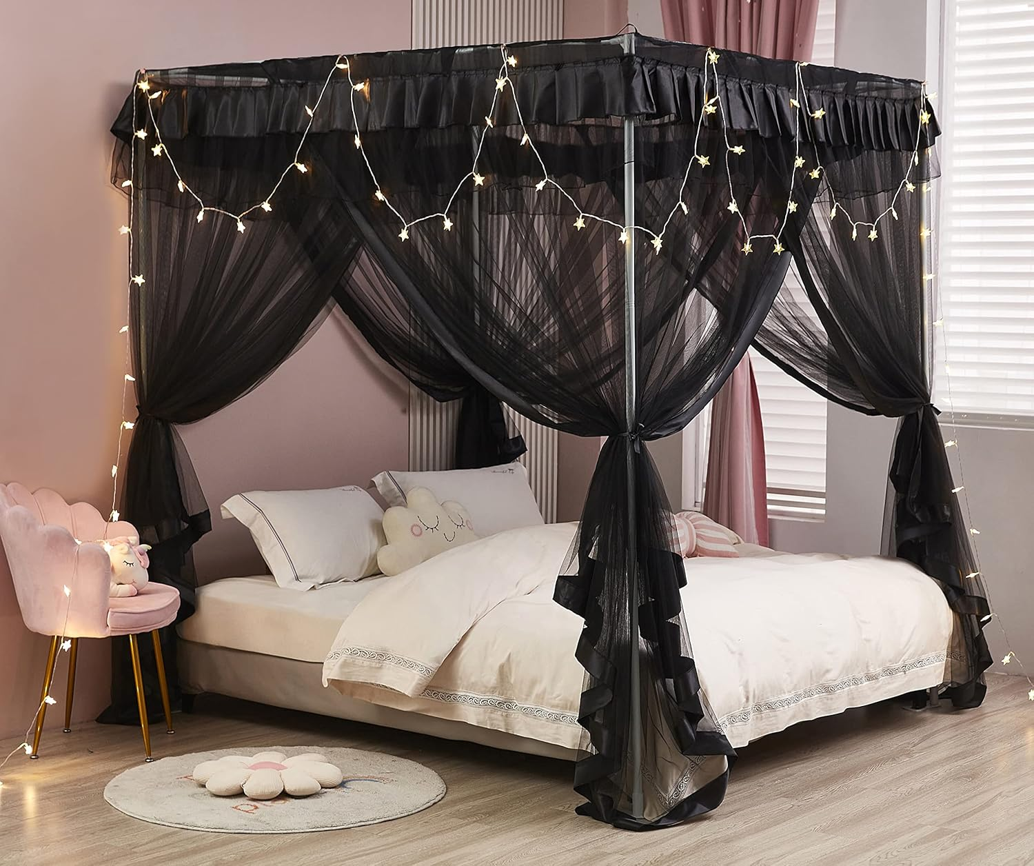 Princess 4 Corners Post Bed Curtain Canopy Netting (Full, Black) image number 5