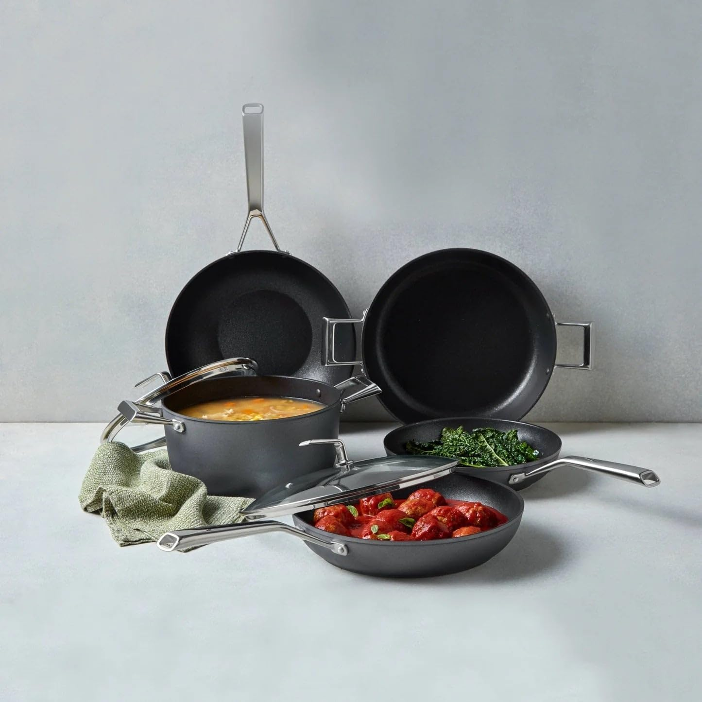 Essteele per Bellezza 5-Piece Nonstick Cookware Set, Induction, Gas & Electric Compatible, Includes Frypan, Wok, Saute Pan with Lid, Dishwasher & Oven Safe, Grey image number 1