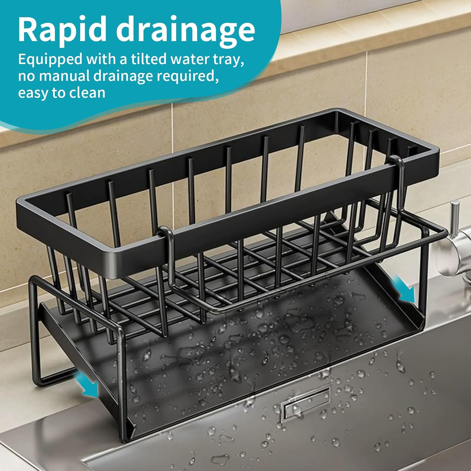 Kitchen Sink Caddy Organiser with Removable Dish Cloth Hanger, Sponge Holder for Kitchen Sink with Self Draining Tray, Stainless Steel Dish Soap Holder image number 6