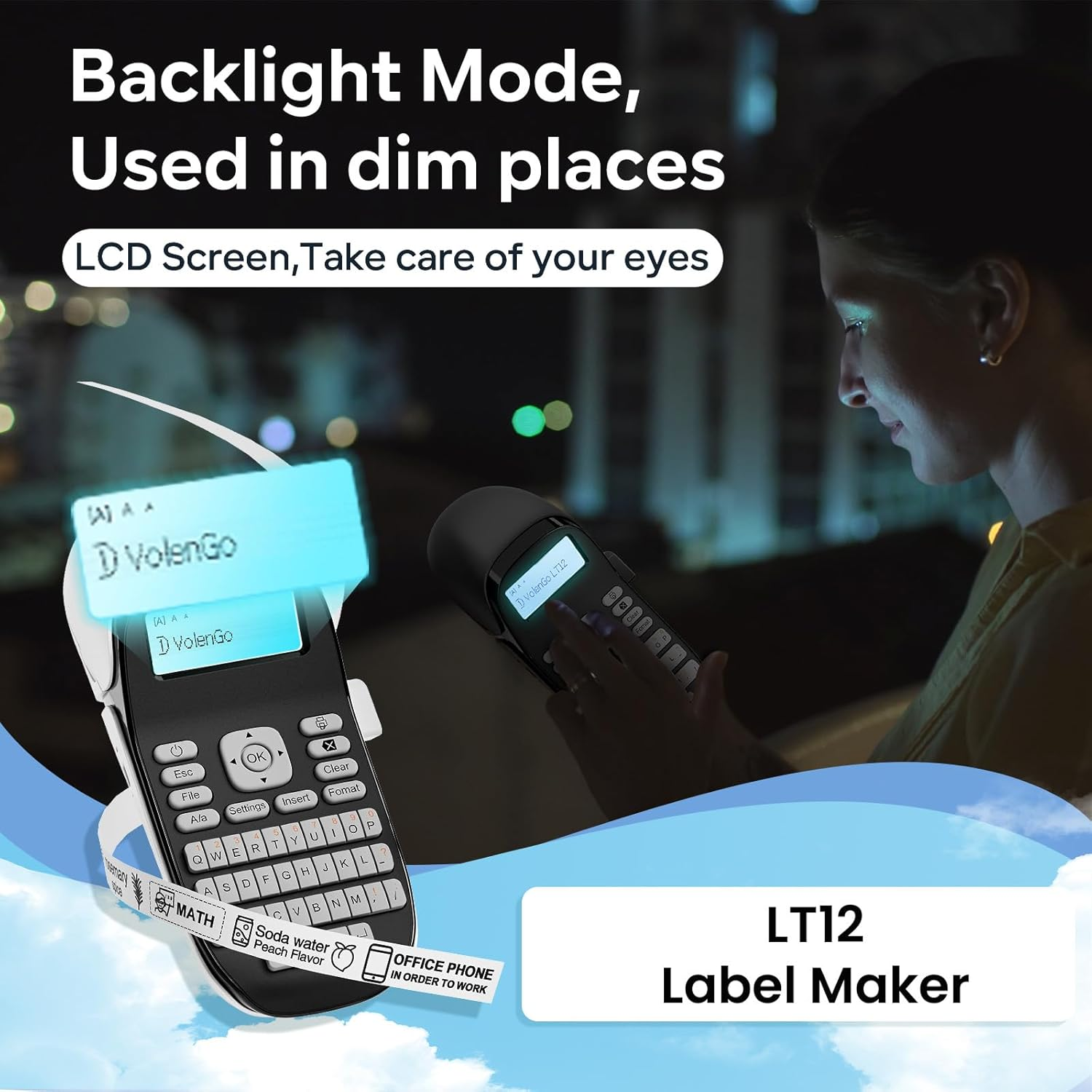 Volengo LT12 Label Maker, Handheld Portable Label Printer, Easy to Use, QWERTY Keyboard, Backlit LCD, for Home, Office, and On-The-Go Use image number 3