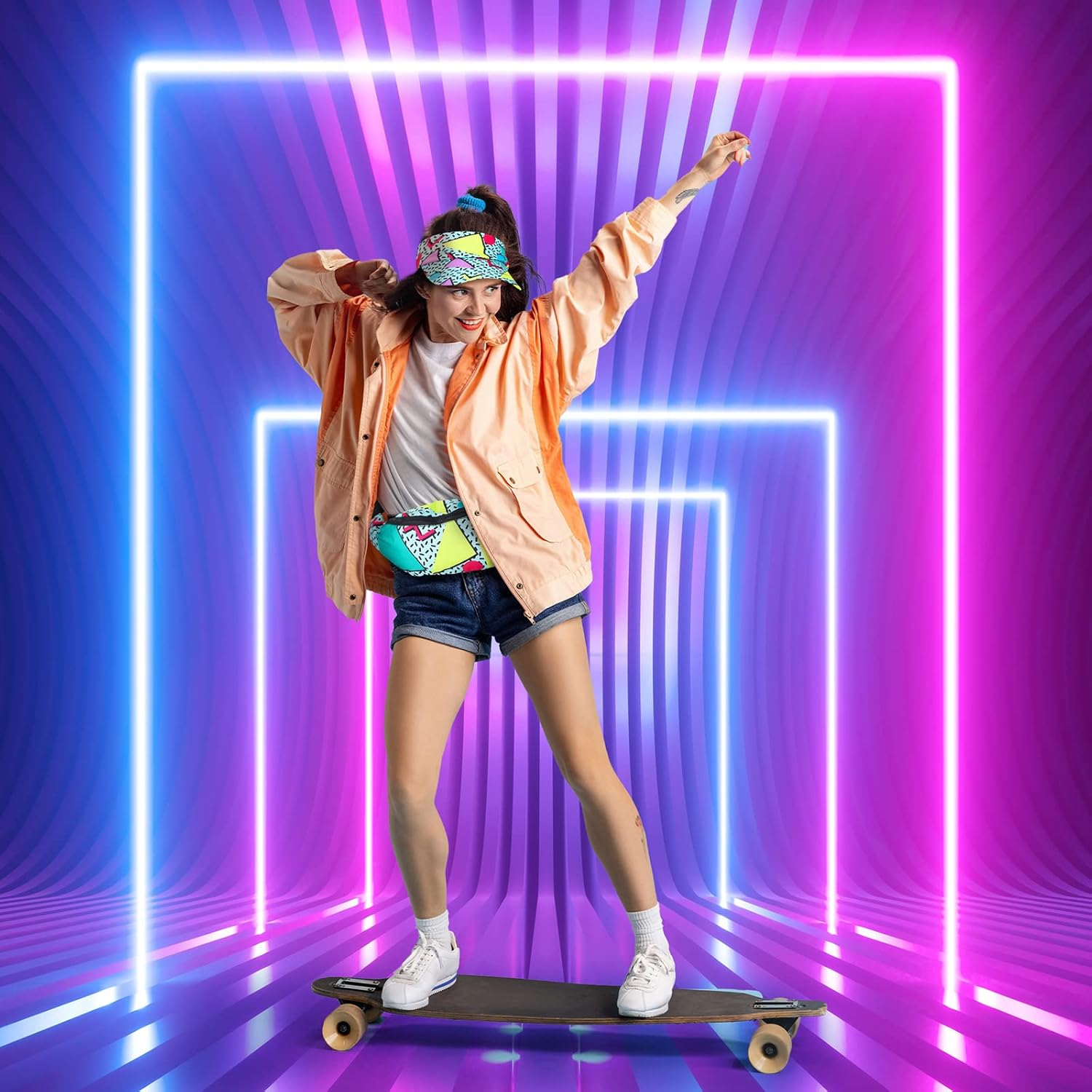 Mepase 2 Pcs 80S Outfit for Men Women 90S Fanny Pack Sun Visor Hat Waist Bag 90S Accessories for Men Women Summer Party, Multicoloured, One Size, Fresh image number 1