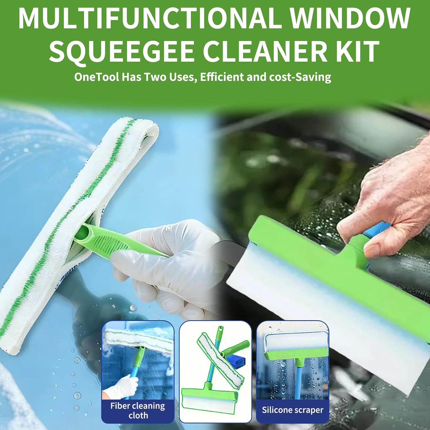 Window Cleaning Kit 3-In-1 Set Silicone Window Squeegee Kit Silicone Blade + Microfiber Cloth Material Excellent Water Stain Removal Suitable for Shower Glass Mirrors Cars Solar Panels image number 2