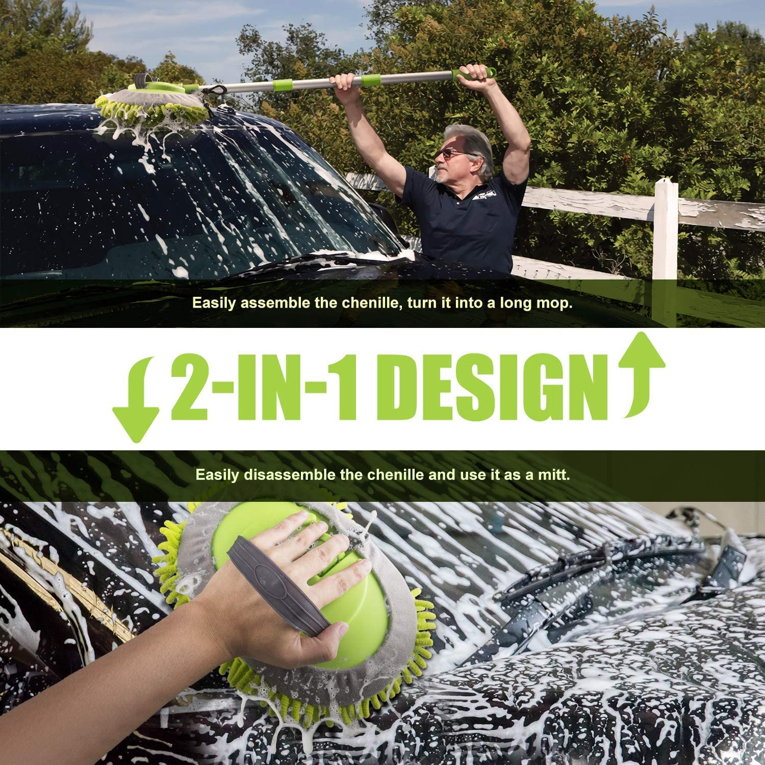 Bluefire 2 in 1 Car Wash Mop Mitt Chenille Microfiber Car Wash Brush with 44.5" Long Handle, 180&deg; Rotation Cleaning Tool Brush Duster for Truck RV Bus(Green)