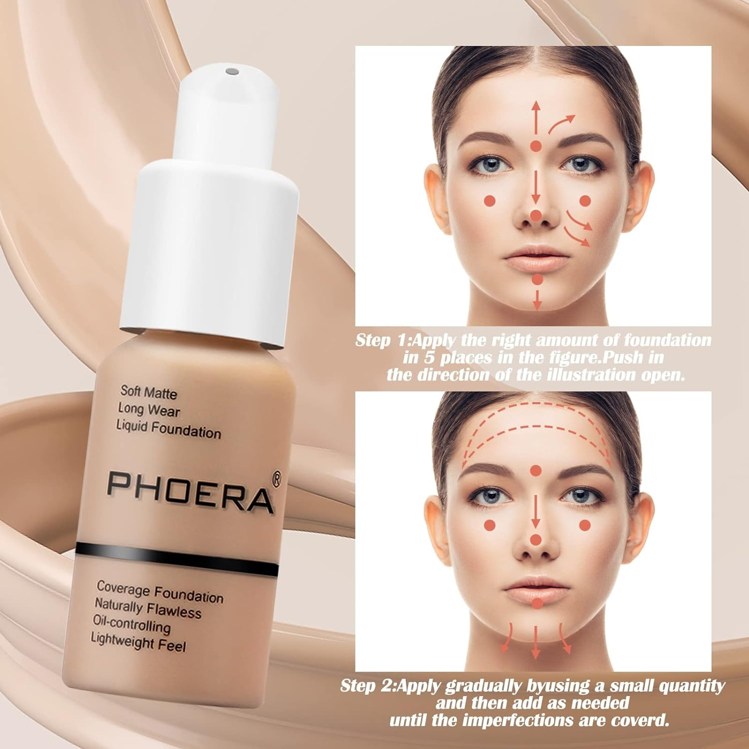 PHOERA Face Foundation,Liquid Foundation,Foundation Full Coverage,Long Lasting Perfect 30Ml Matte Oil-Control Concealer 6 Colors Optional,Great Choice and Gift (#105 Sand, 30Ml) - 102 Nude image number 4