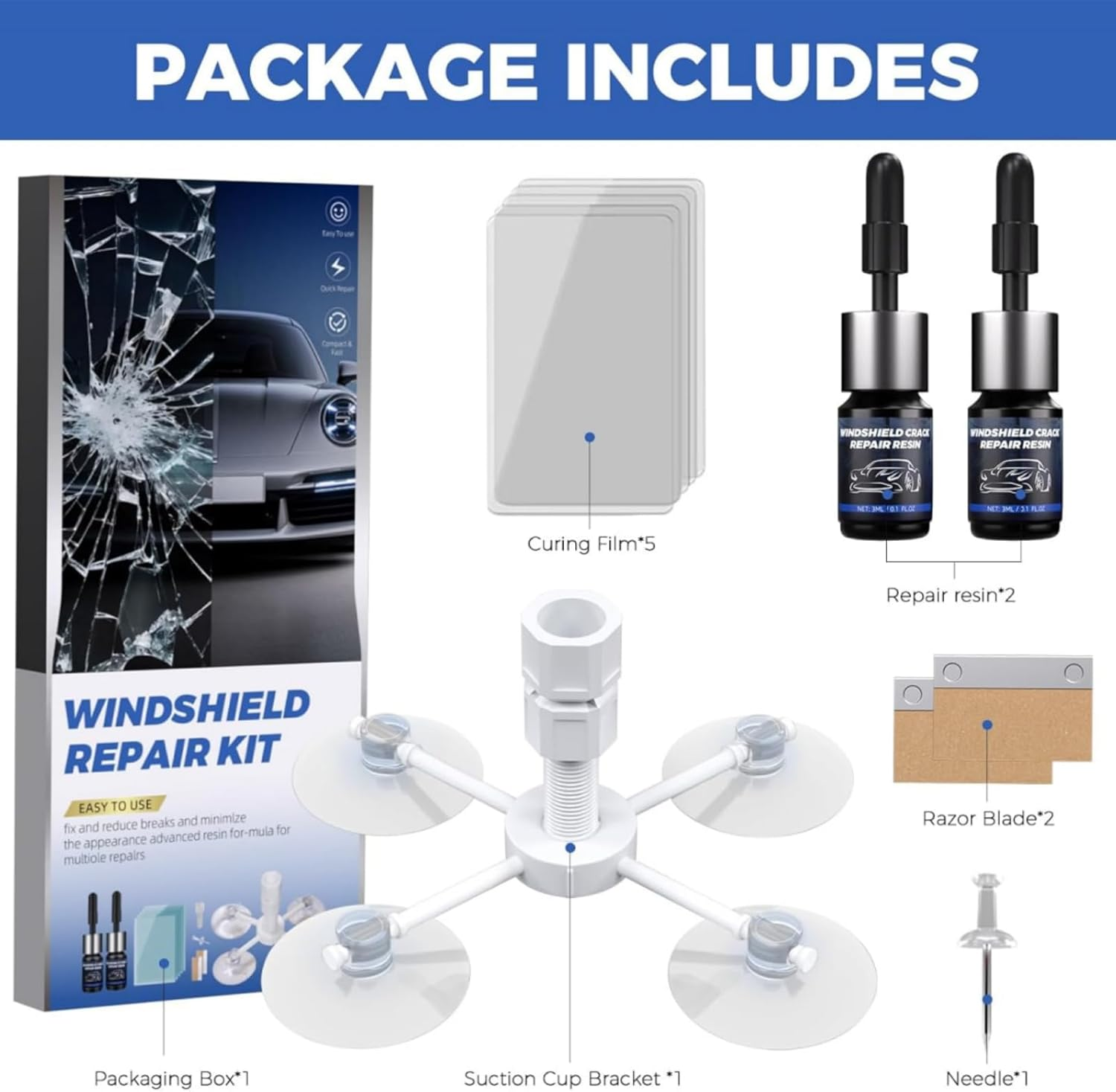 Windshield Repair Kit, Quick and Efficiency Glass Repair Fluid, Car Windshield Crack Repair Resin Kit for Fixing Chips, Bulls-Eye, Cracks and Star-Shape Cack-2 Pack image number 6
