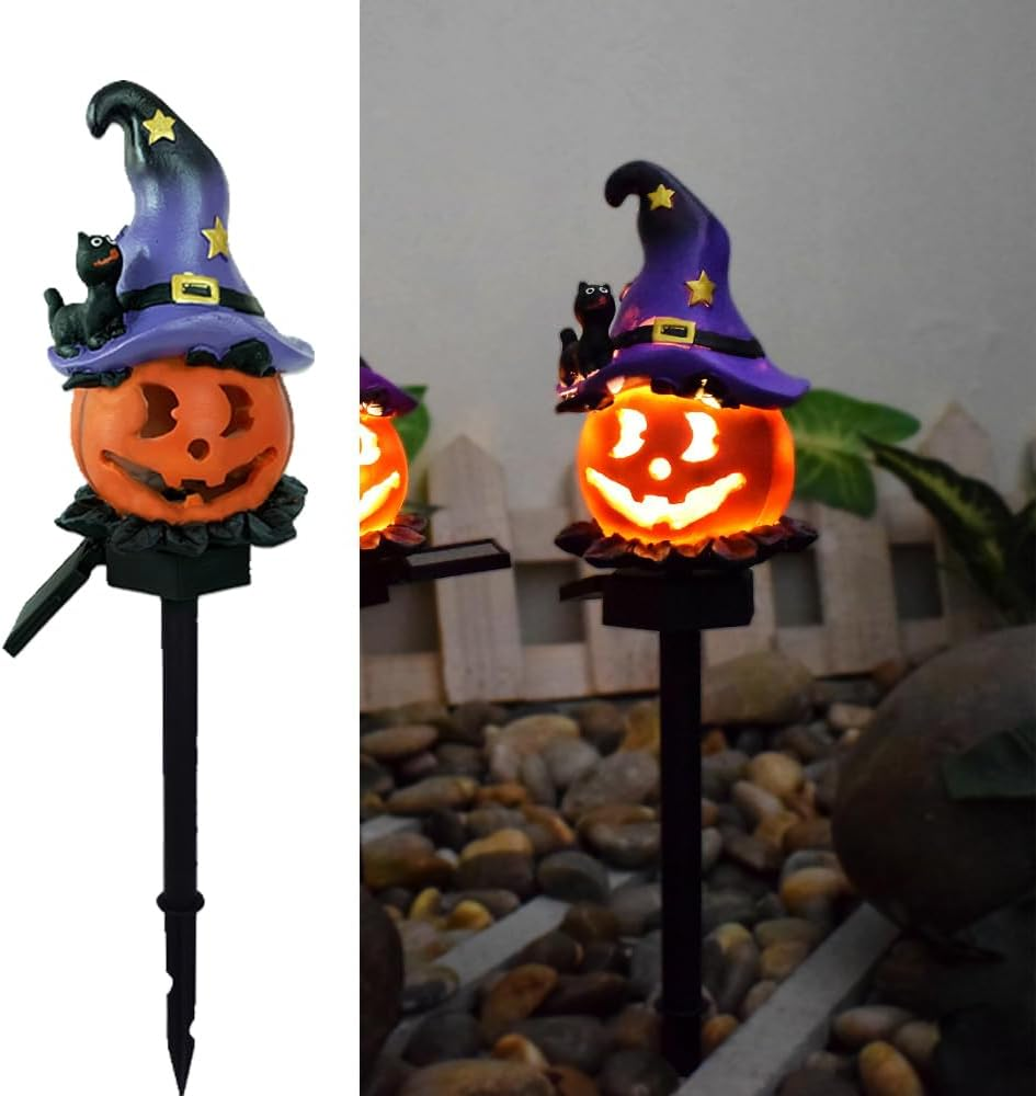 YZYOE LED Solar Wizard Pumpkin Floor Light, Halloween Outdoor Atmosphere Decoration Lamp, Cute Black Hat Pumpkin Courtyard Warm Lights image number 4