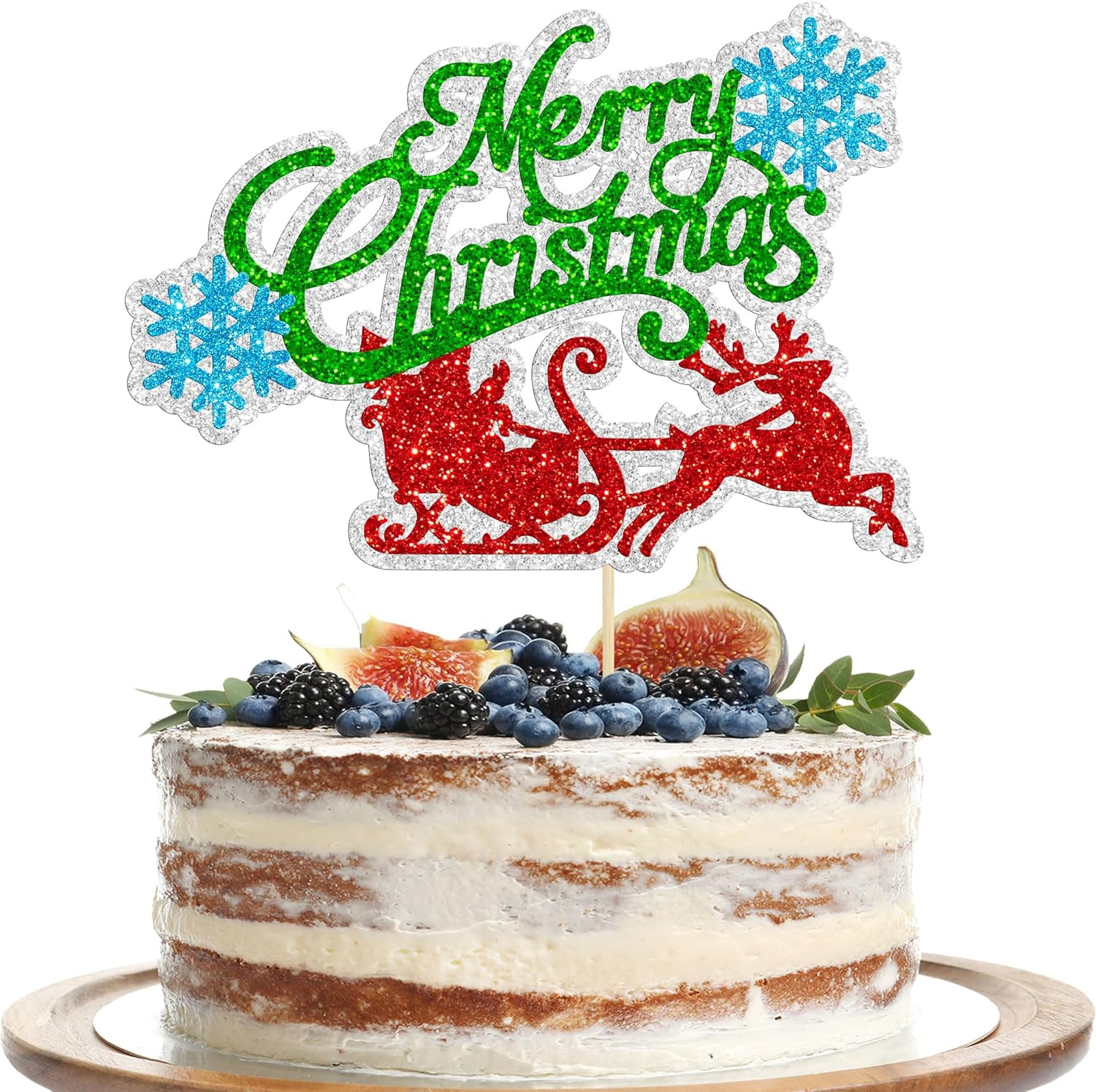 Gyufise 1 Pack Merry Christmas Cake Topper Glitter Snowflake Santa Claus Christmas July Birthday Cake Decorations for Merry Christmas Theme Happy New Year Party Supplies
