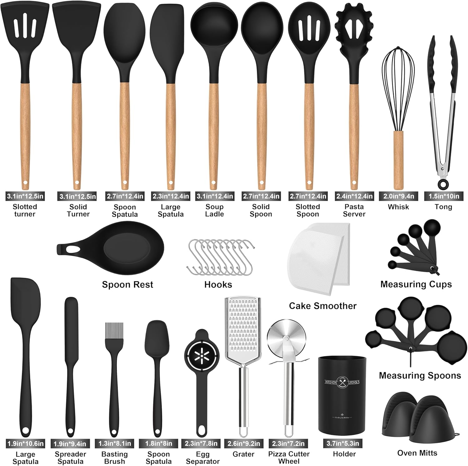 Silicone Cooking Utensils Set, 43Pcs Non-Stick Heat Resistant Kitchen Utensils Spatula Set with Wooden Handle for Baking, Cooking, and Mixing, Best Kitchen Gadgets Tools with Holder (Black) image number 3