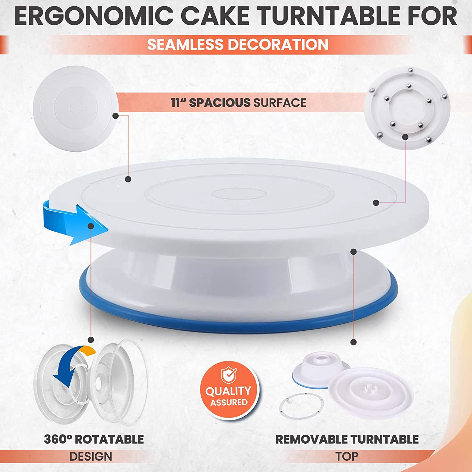 RFAQK 35Pcs Cake Turntable and Leveler-Rotating Cake Stand with Non Slip Pad-7 Icing Tips and 20 Bags- Straight & Offset Spatula-3 Sc Set -Ebook -Baking Tools