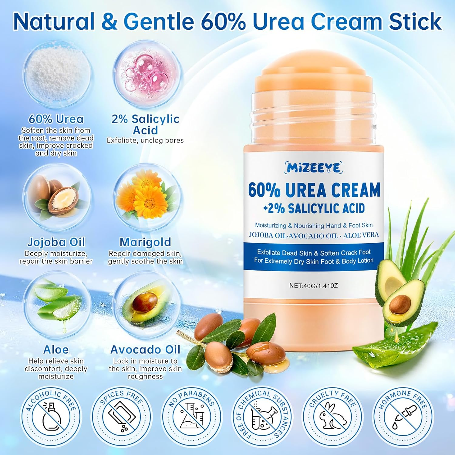 60% Urea Cream Stick with 2% Salicylic Acid, Soften Cracked Skin & Exfoliating, Deep Moisturizing & Repairing Foot Cream for Feet & Heels, Heel Balm with Jojoba Oil, Avocado Oil, 40G image number 3