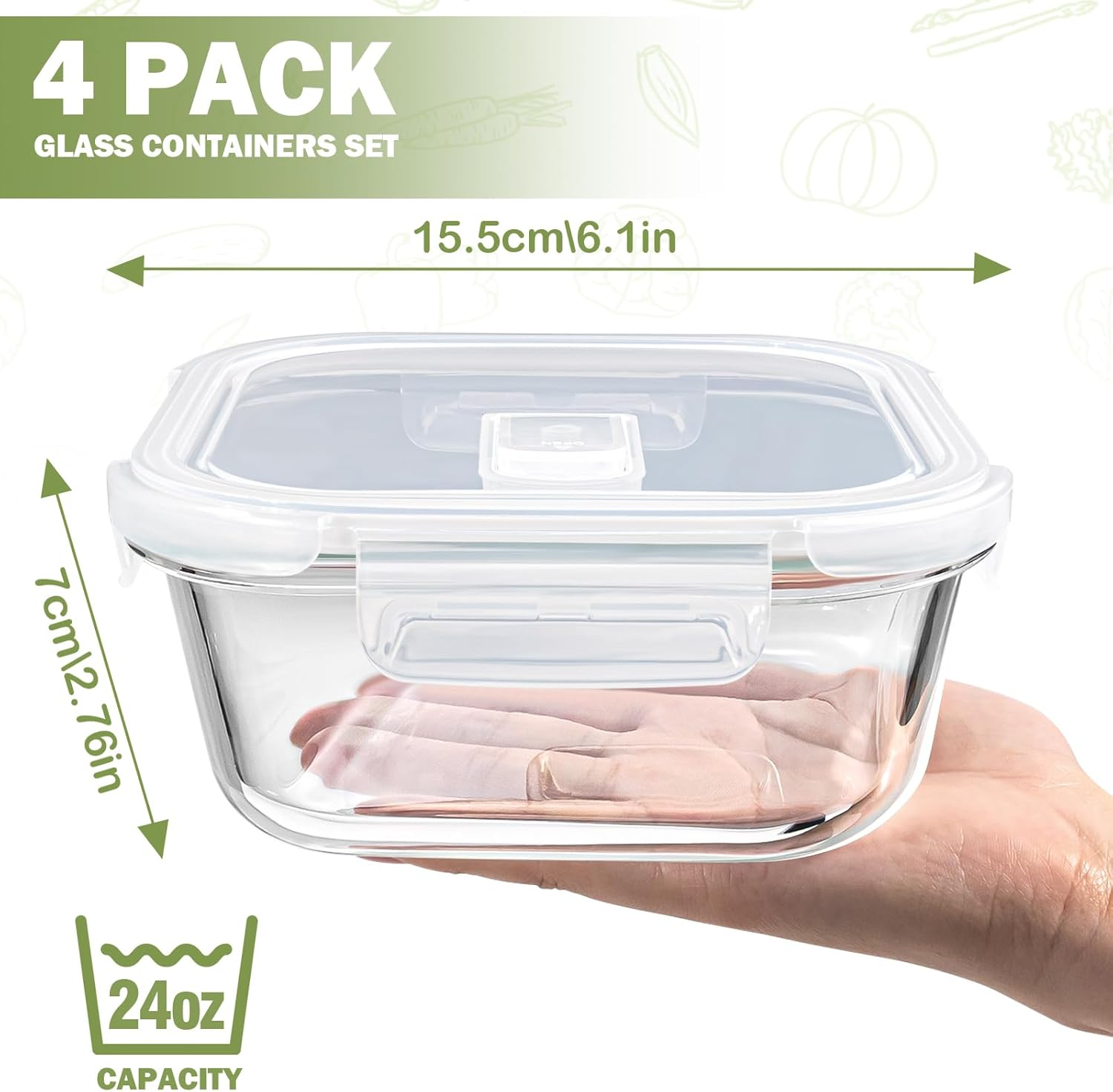 Glass Food Storage Containers 24 Oz, Small Glass Meal Prep Containers, Oevn, Microwave & Freezer Safe Glass Containers with Lids, 3 Cup Glass Containers for Salad, Soup, Lunch, Kitchen, Travel, 4 Pack image number 1