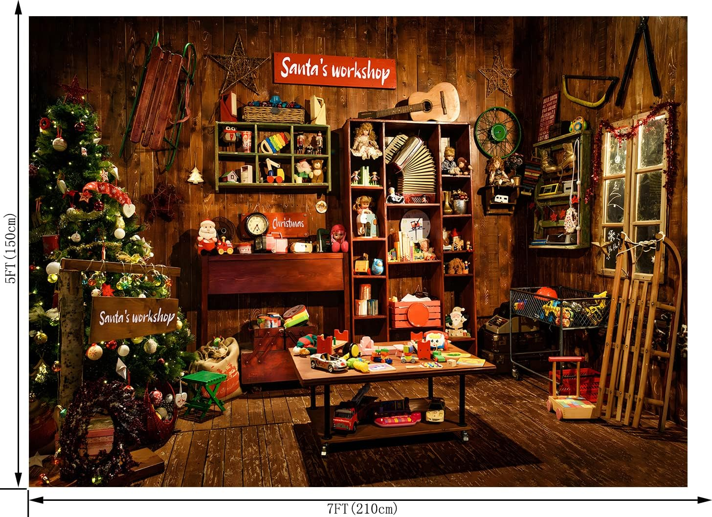 Christmas Santa'S Workshop Photography Backdrop Vintage Rustic Wood House Cottage Gift Xmas Tree Decoration Background Kids Indoor Portrait Photo Studio Photobooth Props 7X5FT CEM251B image number 2