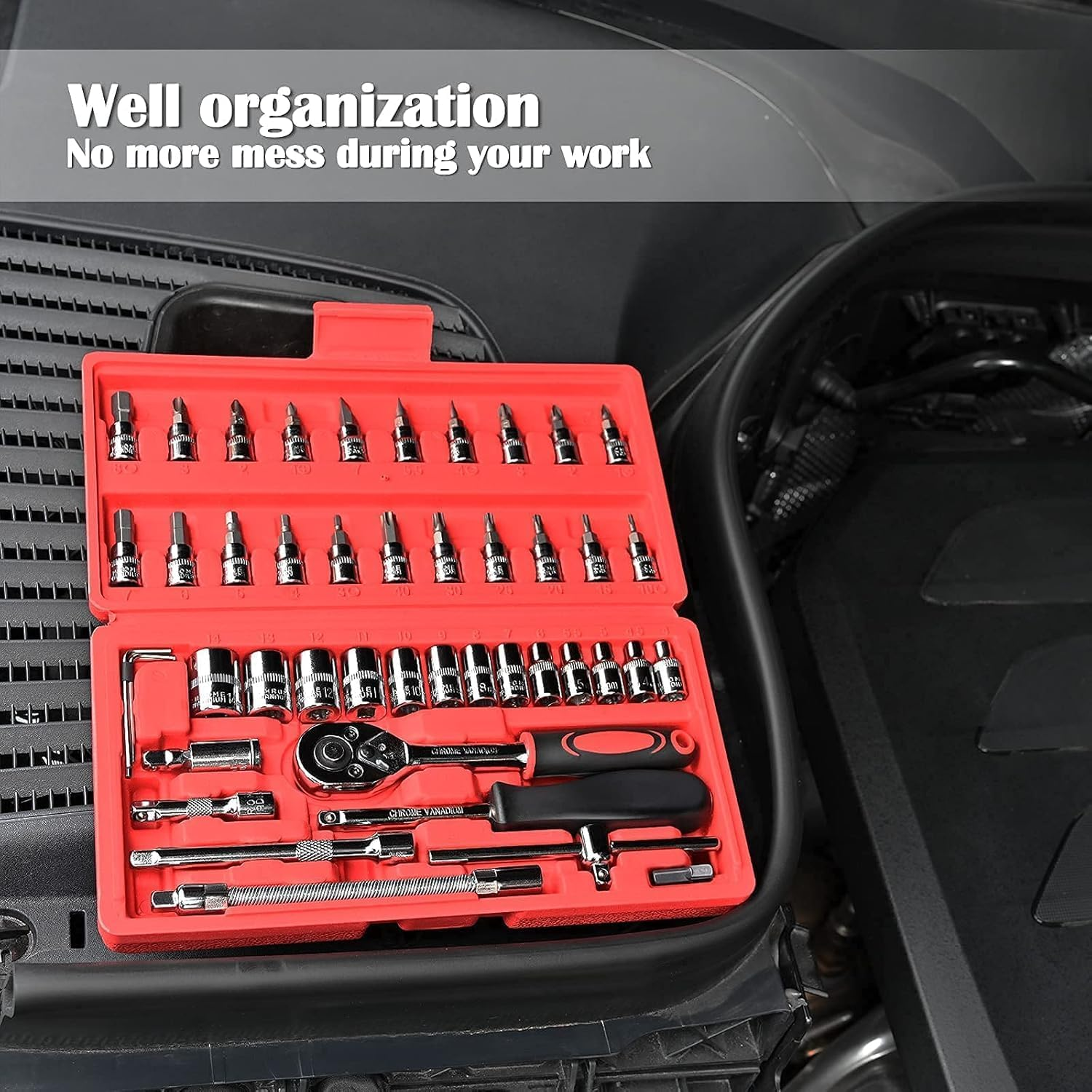 46 Pieces 1/4 Inch Drive Socket Ratchet Wrench Set, Mechanic Tools with Bit Socket Set Metric and Extension Bar for Auto Repairing and Household, with Storage Case