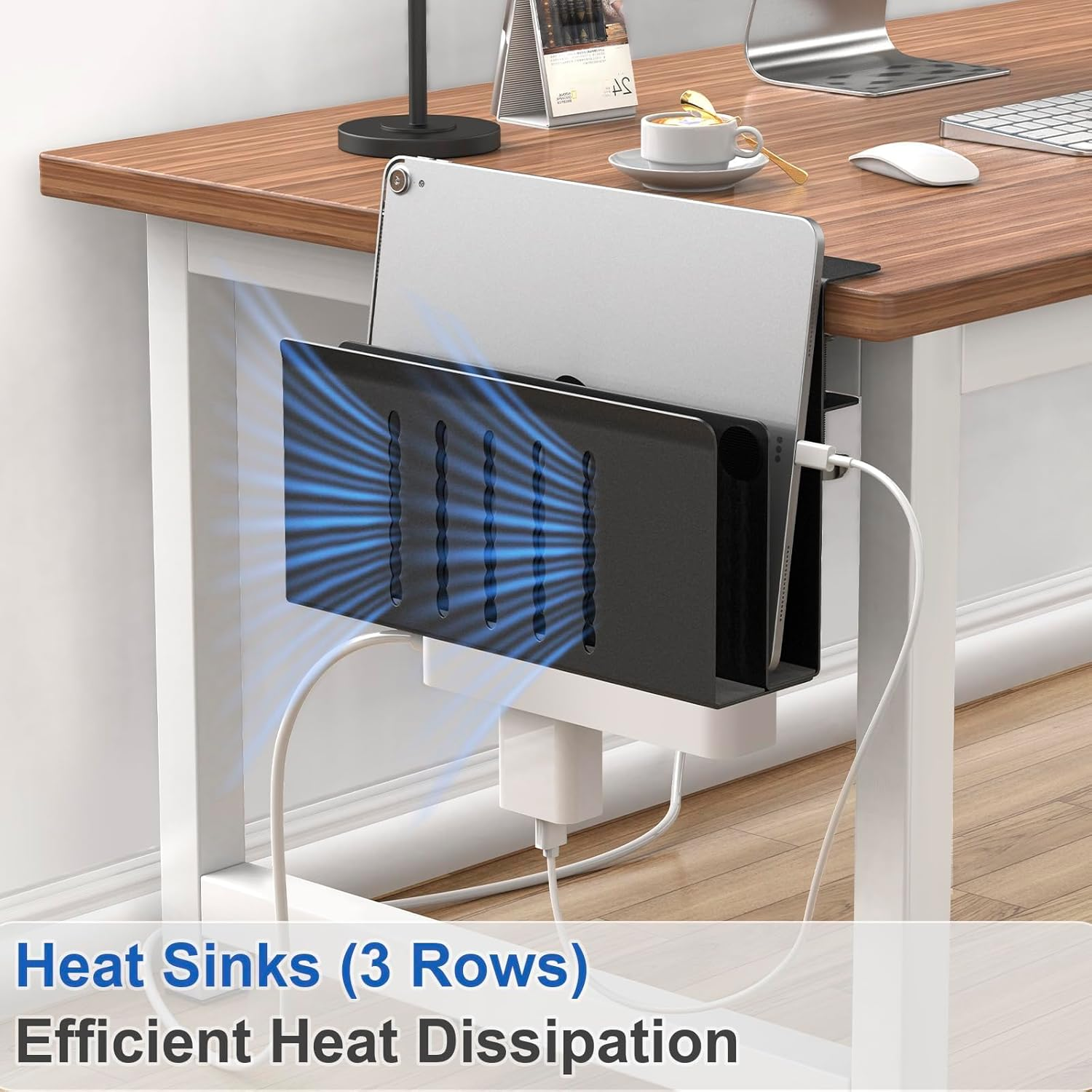 Desk Side Storage, 2 Tier Steel Hanging Desk Organizer with Magnetic Pen Holder, No Drilling Standing Desk Drawer Cable Management Tray, under Desk Laptop Holder for Office, School, Home (Black) image number 6