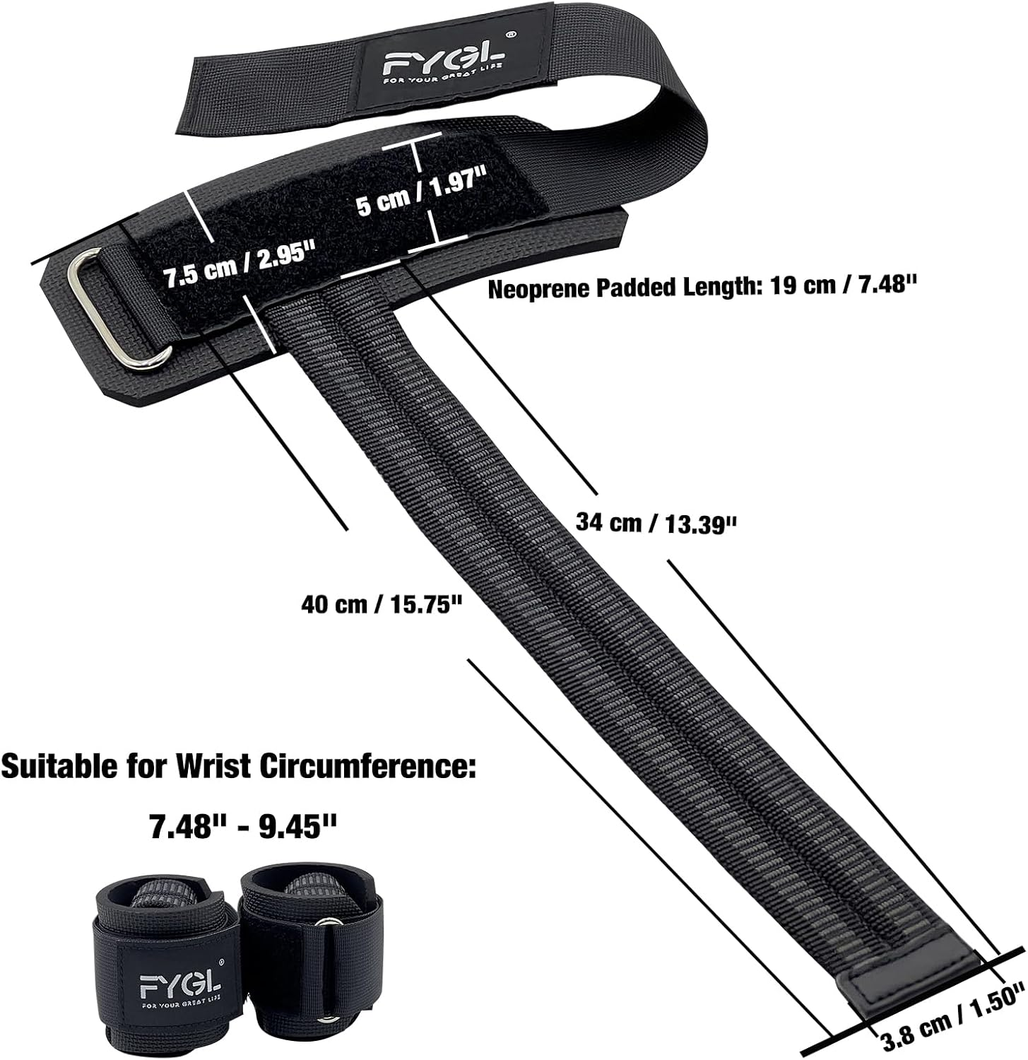 FYGL Lifting Straps with Dura Rubber Grip, No-Slip Nylon Wrist Strap with Neoprene Support for Weightlifting, Powerlifting, Deadlifts image number 2