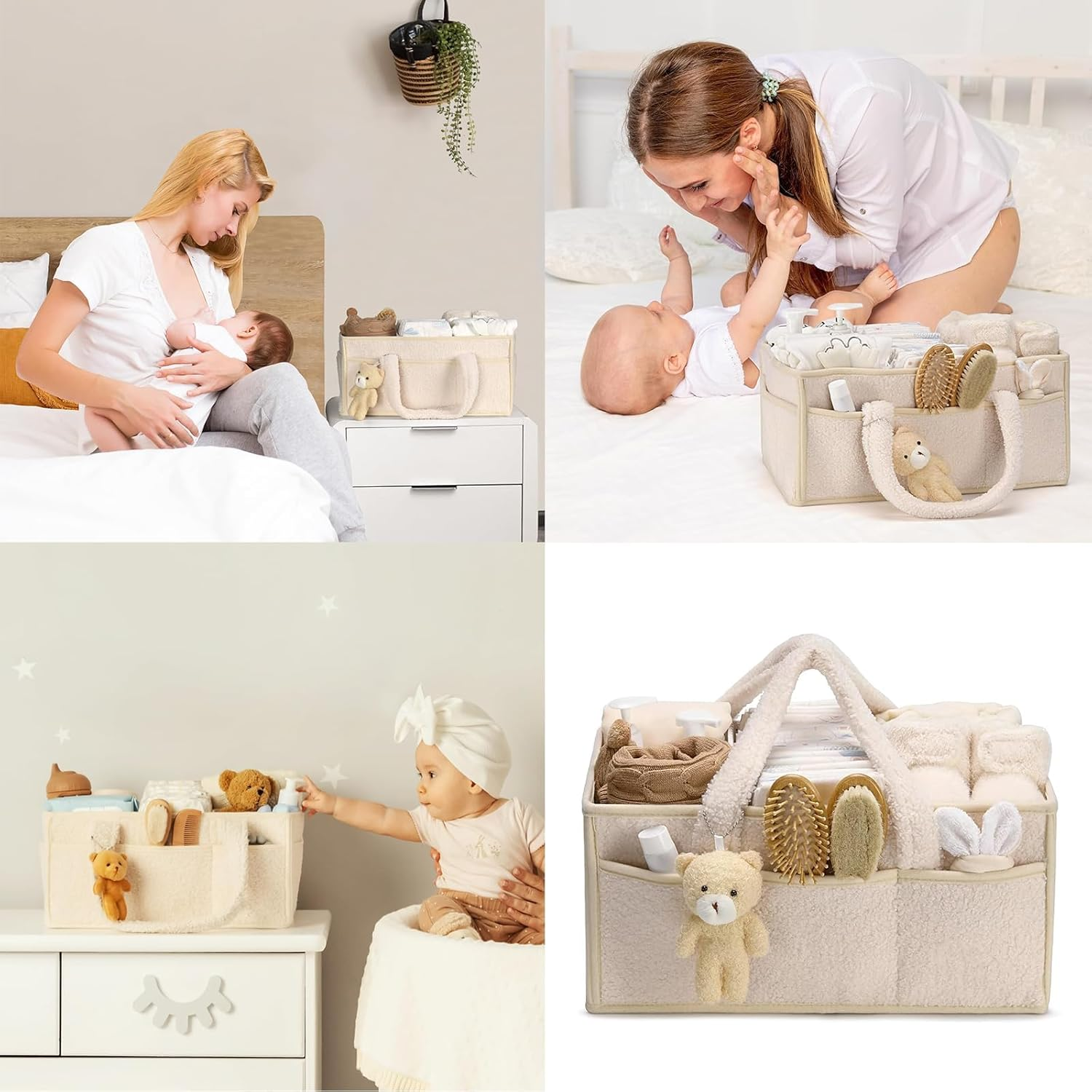 Baby Diaper Caddy Organizer with Handle - Portable Sherpa Nursery Basket - Car Diaper Organizer, Cleaning Caddy, Baby Shower - Ivory image number 6