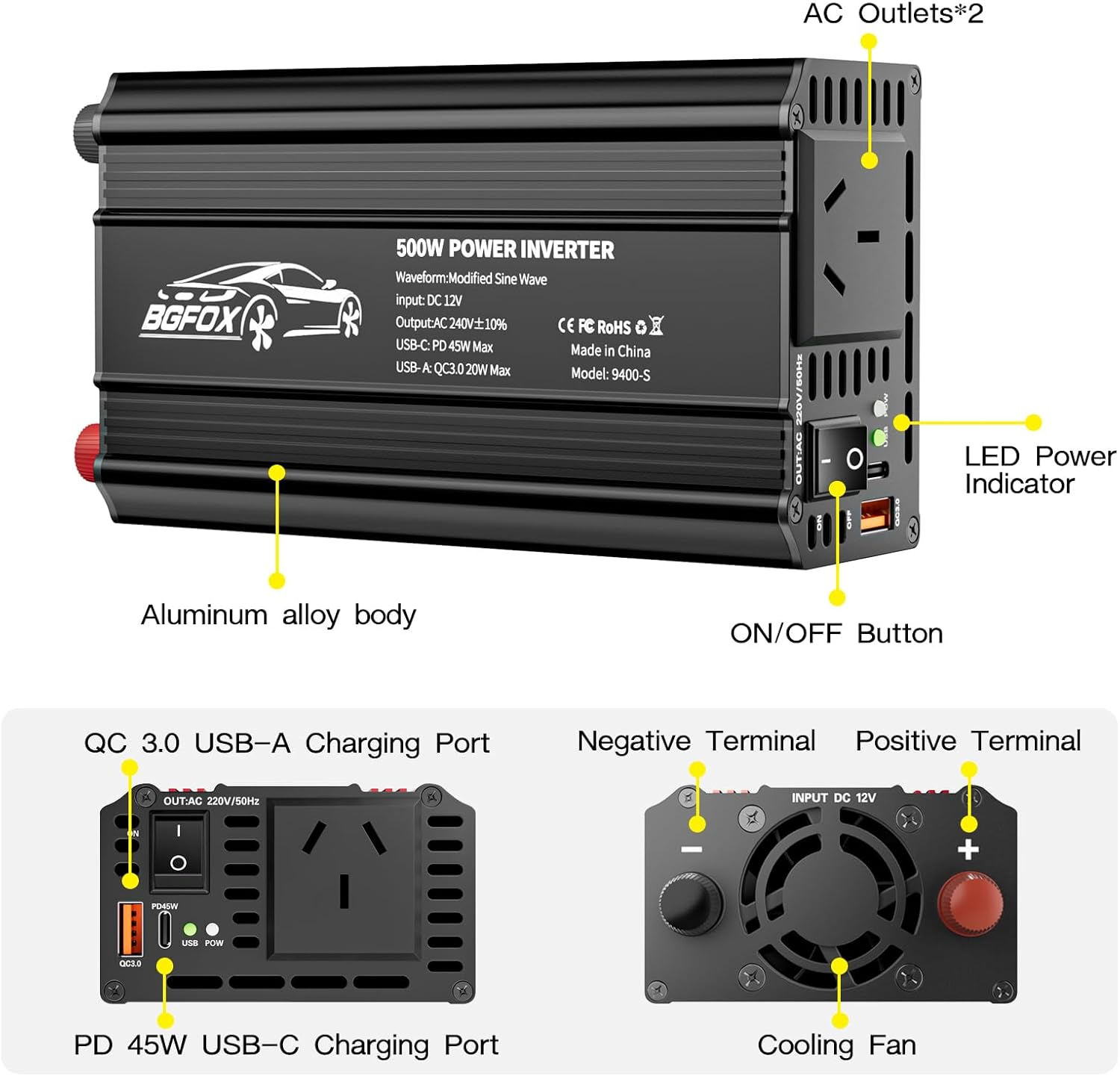 BGFOX 500W Car Power Inverter DC 12V to 240V AC Converter with 1 USB Ports and 1 PD Outlet, Car Charger Adpater for Road Trip and Camping-Black image number 4