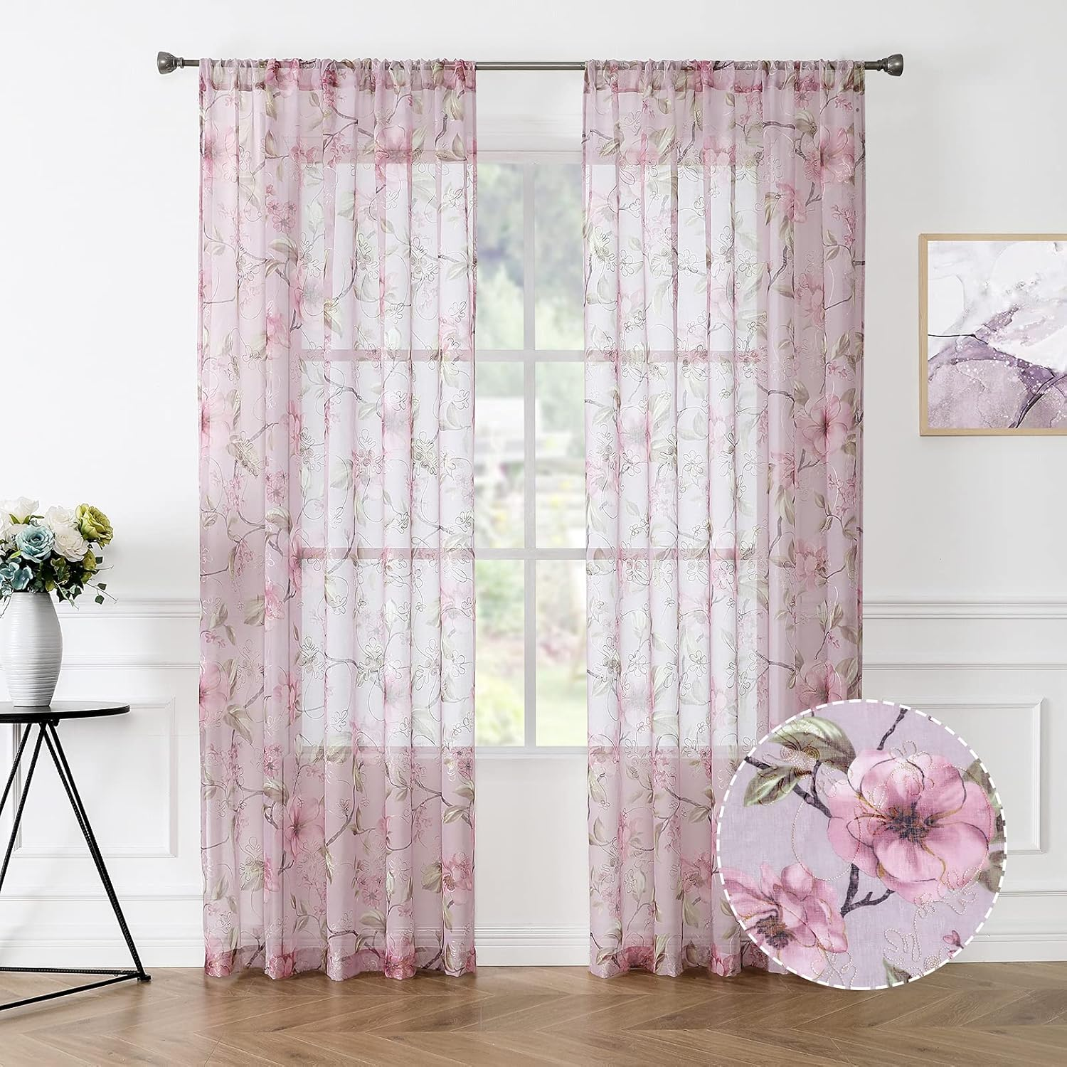 Tollpiz Sheer Curtain Pink Flower Leaf Printed Floral Embroidered Bedroom Curtains Sheer Rod Pocket Voile Faux Linen Short Window Curtain for Living Room, 54 X 45 Inches Long, Set of 2 Panels
