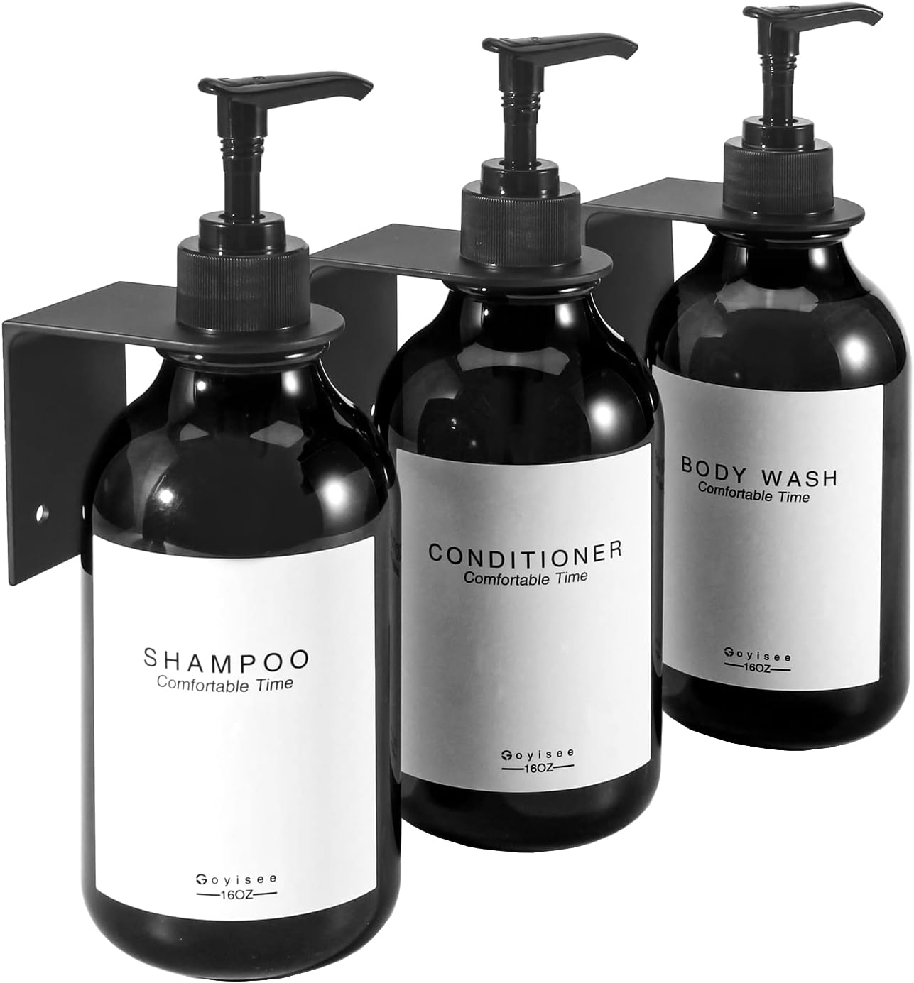 GOYISEE Shampoo and Conditioner Dispenser for Shower Wall, 3 Chamber, Refillable Bottles with 3 Wall Mounts, Waterproof Labels and Pumps (3 Bottles 3 Wall Mount-Brown)