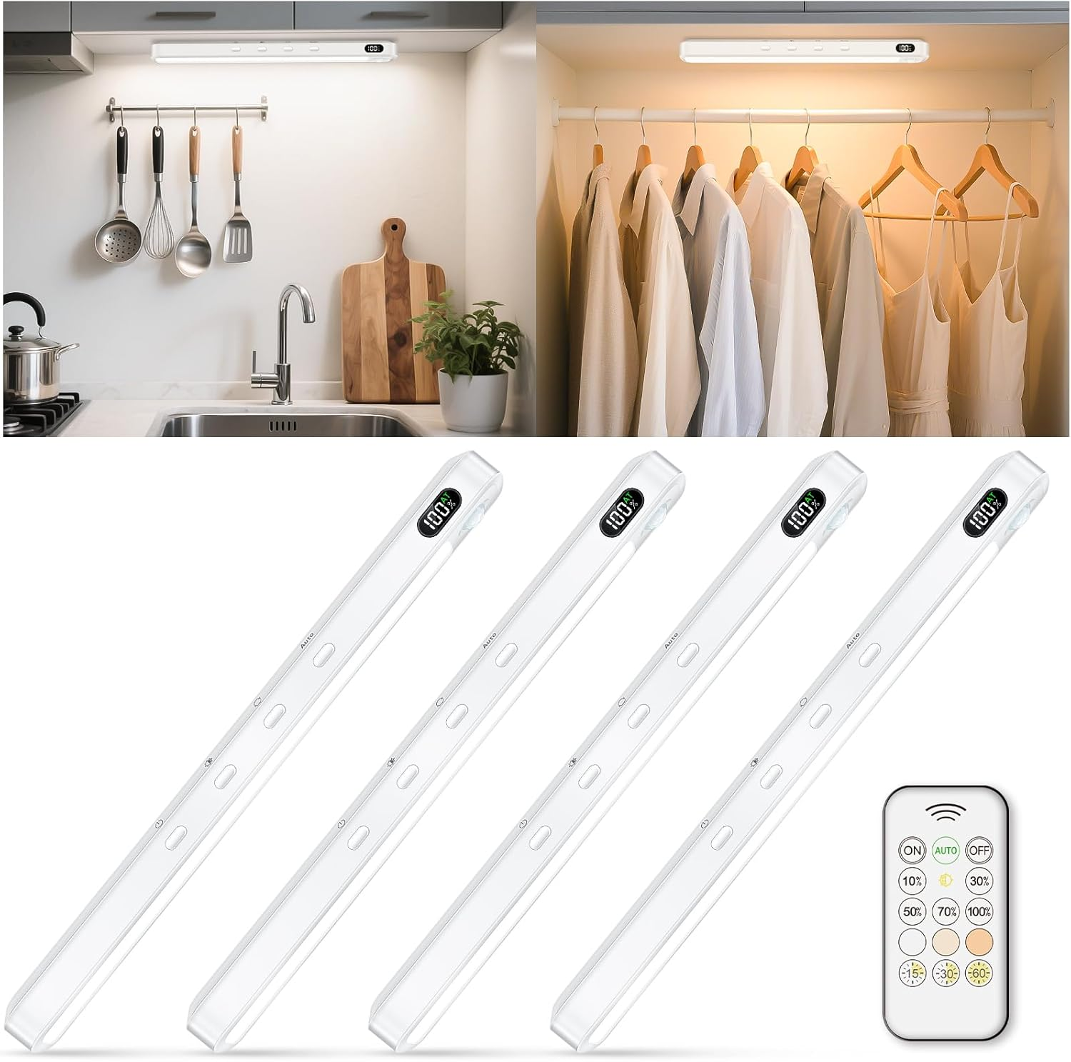 WILLED Motion Sensor Light Indoor with Remote Control,64 LED under Cabinet Lighting,Battery Operated Closet Lights,3 Colors Temps Rechargeable Light Bar for Kitchen,Wardrobe,Pantry,Stair,Black(4 Pack)