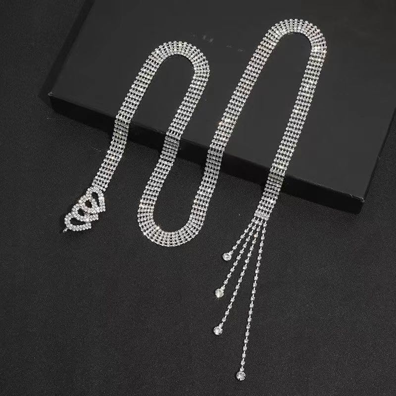 Rhinestone Waist Belt with Heart Buckle, Crystal Waist Chain Belt Adjustable Shiny Diamond Waistband Belt for Women image number 3